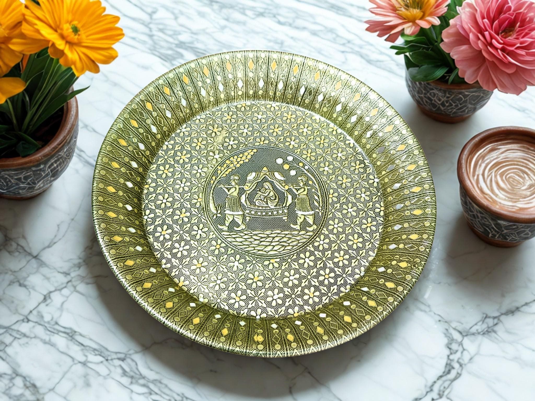 Handmade Meenakari Stainless Steel Thali, Indian Wedding Plate, 14 Inch