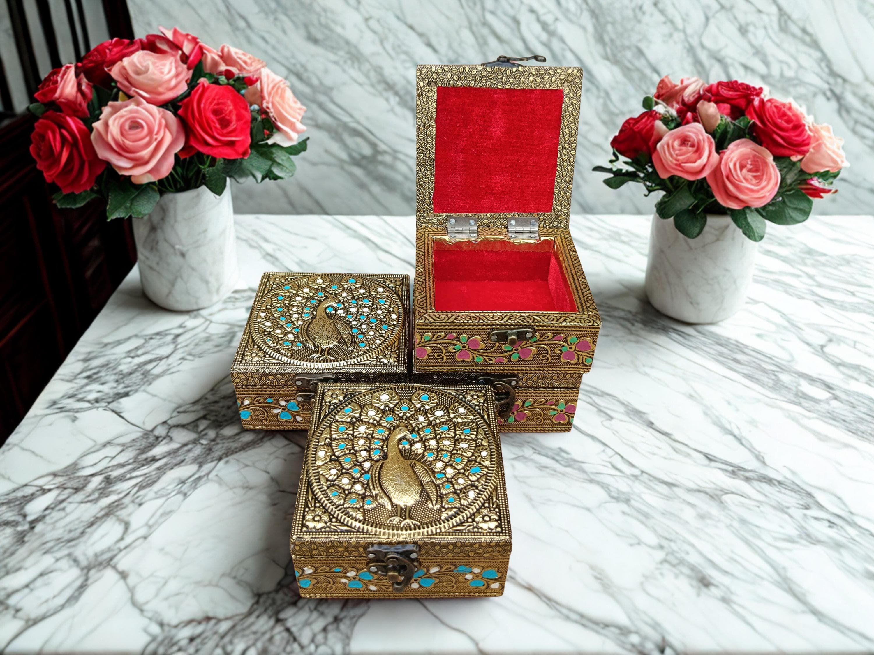 Peacock Embossed Wooden Jewelry Box: Decorative Rajwadi Red Velvet Trinket Storage Box