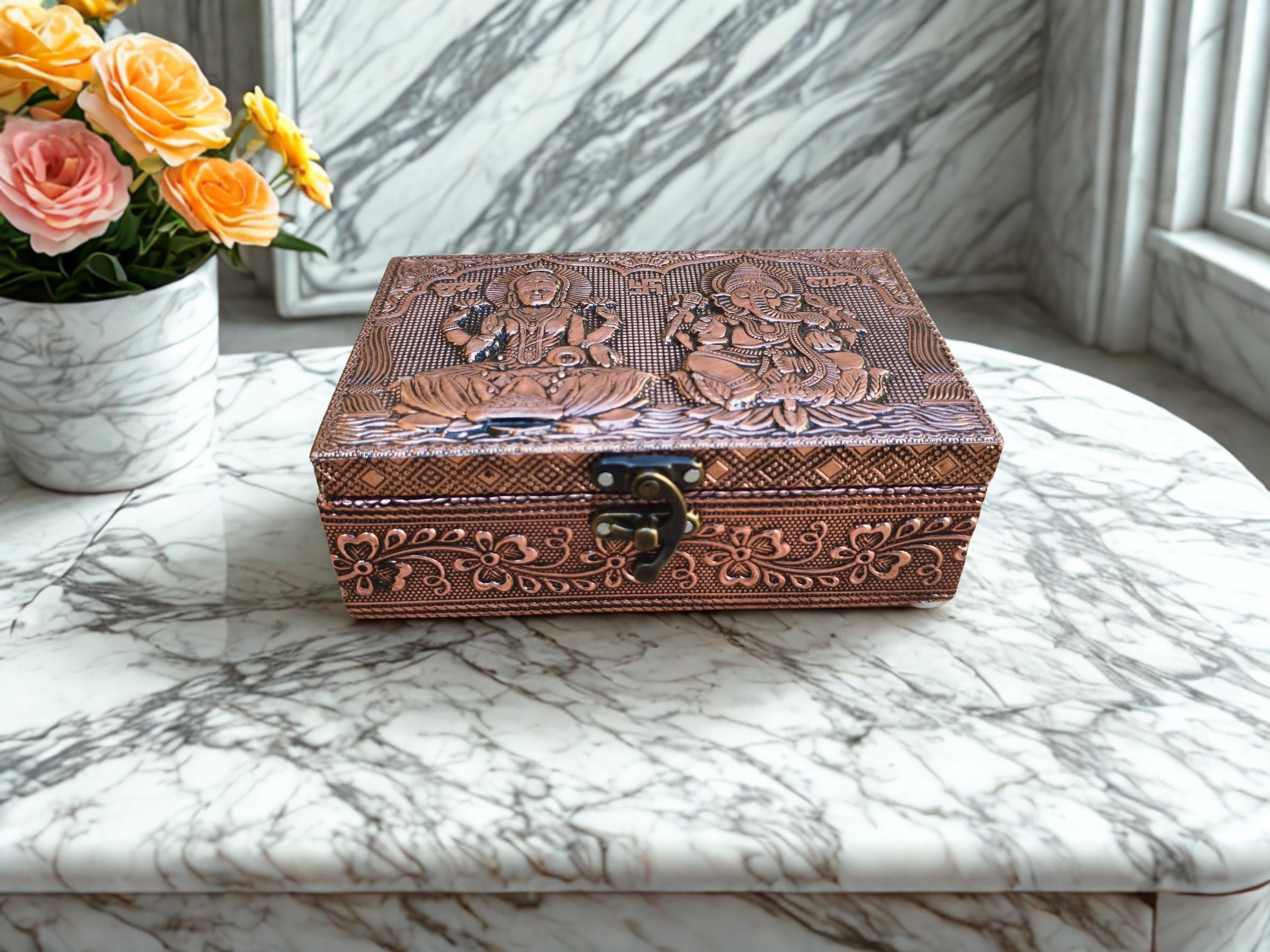 Ganesh Laxmiji Design Copper Oxidized Meenakari Jewellery Box | Handmade Oxidized Vanity Storage (6x4) - image 3