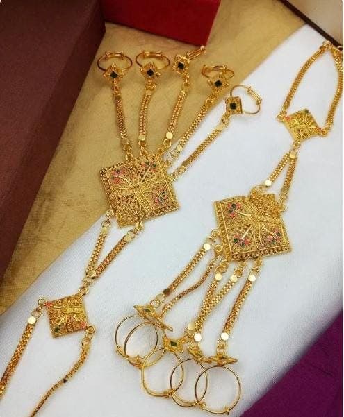 Gold Plated Bridal Hathphool: Kundan Hand Chain, Indian Wedding Jewelry (Pair of 2pcs) - image 5