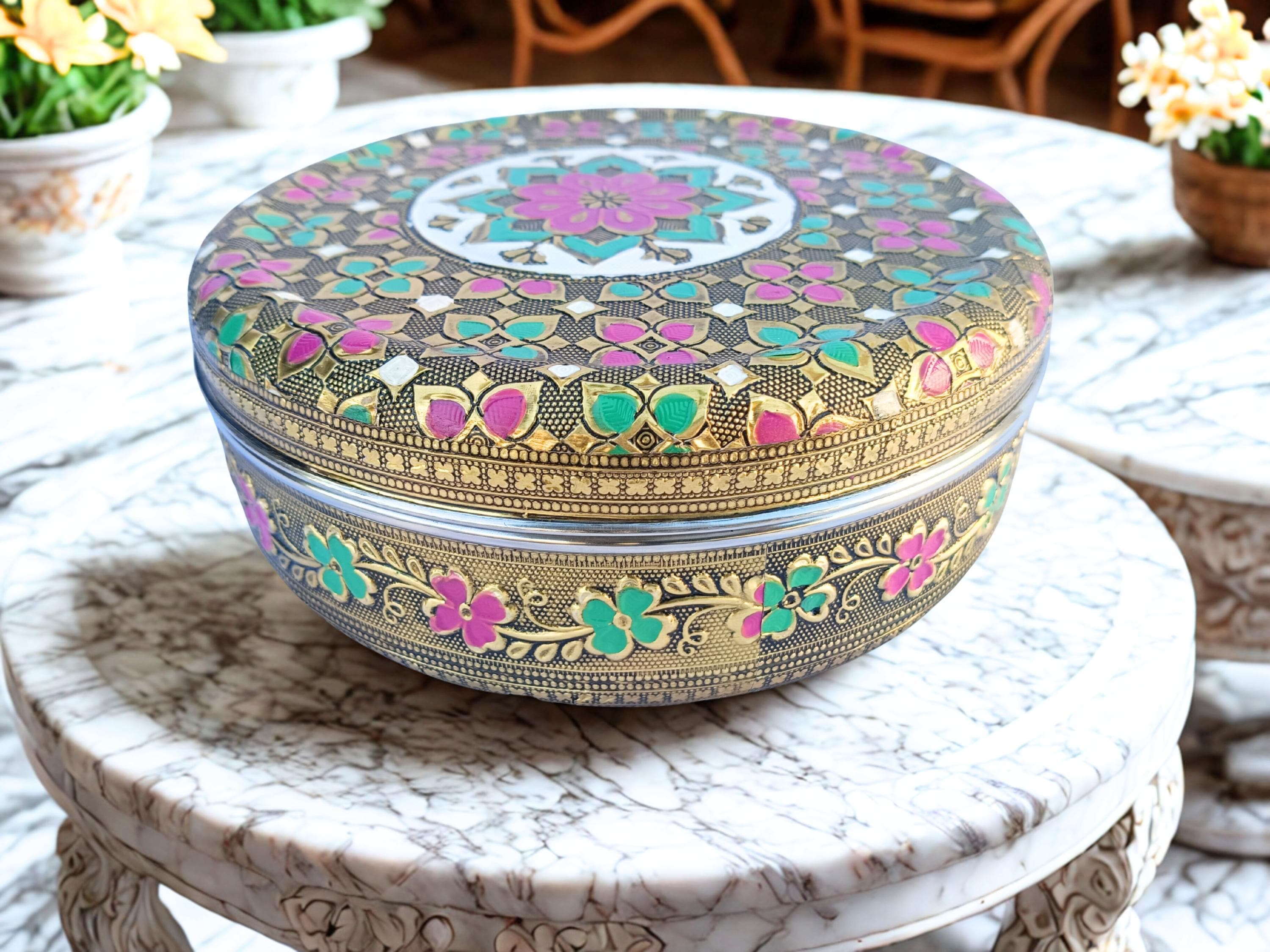 Handcrafted Meenakari Dabba Box: Golden Chapati Container, Indian Decor