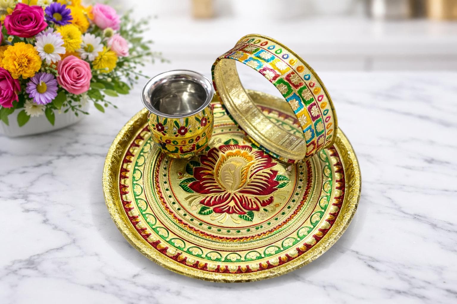 Handcrafted Meenakari Karwa Chauth Thali Set – Stainless Steel Pooja Gift - image 3