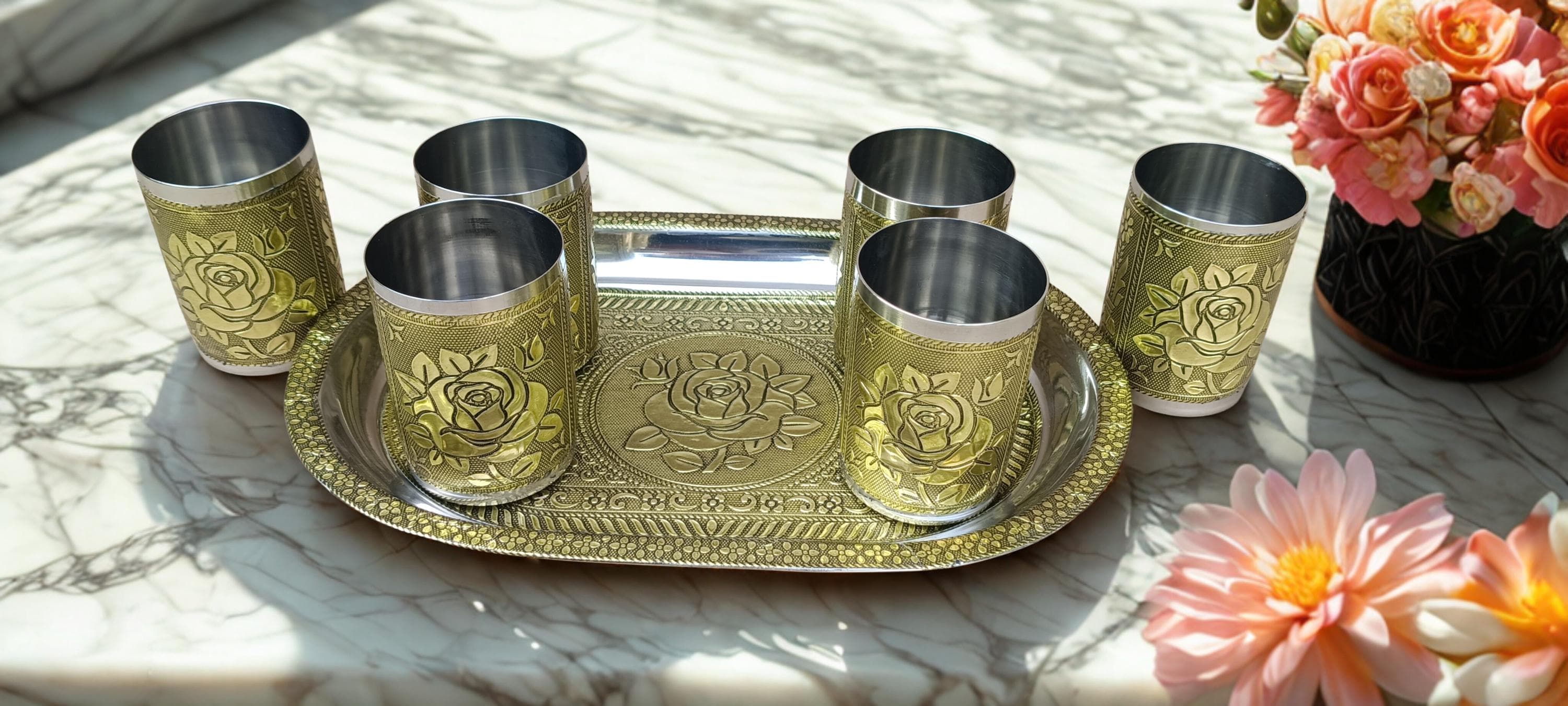 Oxidized Steel Tray and Glass Set | Meenakari Serving Drinkware - image 3