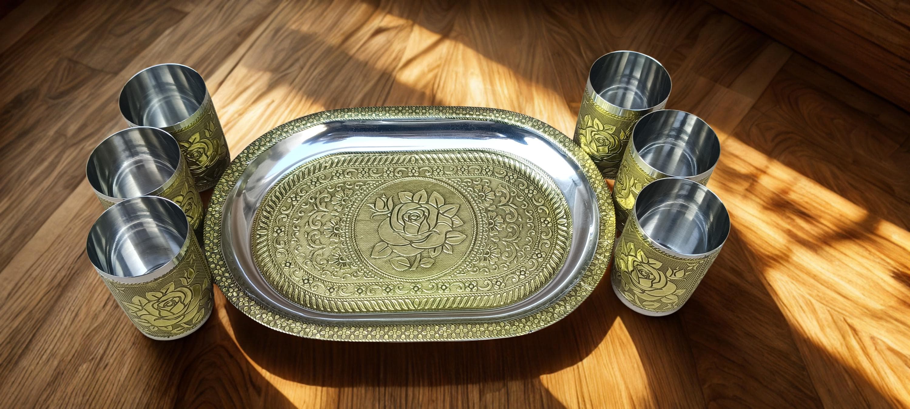 Oxidized Steel Tray and Glass Set | Meenakari Serving Drinkware - image 5