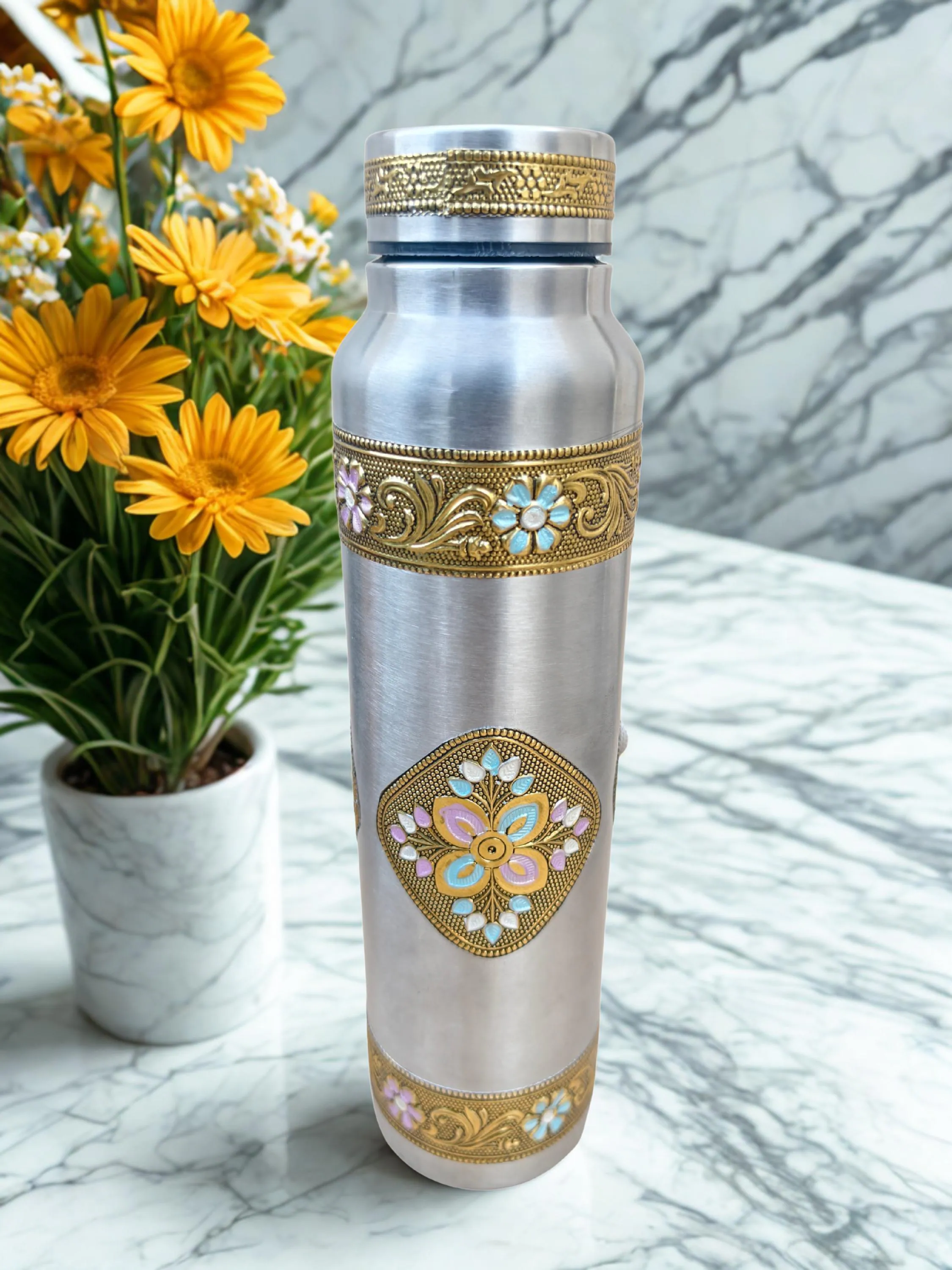 Handcrafted Meenakari Stainless Steel Water Bottle – 1000ml Oxidised Enamel Work