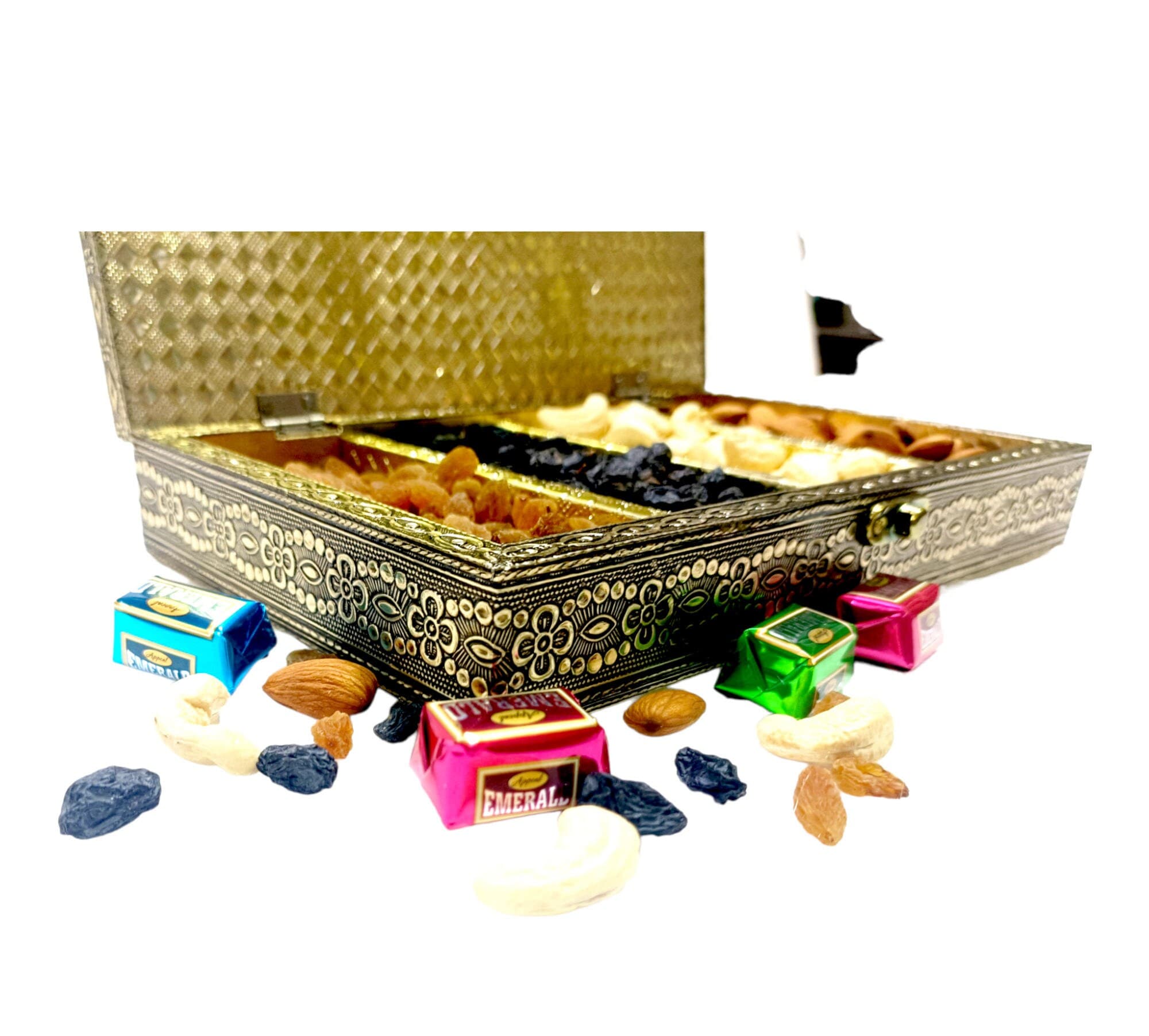 This box is made of wood and covered with traditional design metal foil
Wooden Chocolat,Mukhvas Box
Decorative dry fruit box
Handmade wooden dry fruit box
Festive,Traditional And Wedding Wooden Meenakari Dry Fruit Box
Handcrafted wooden dry fruit box