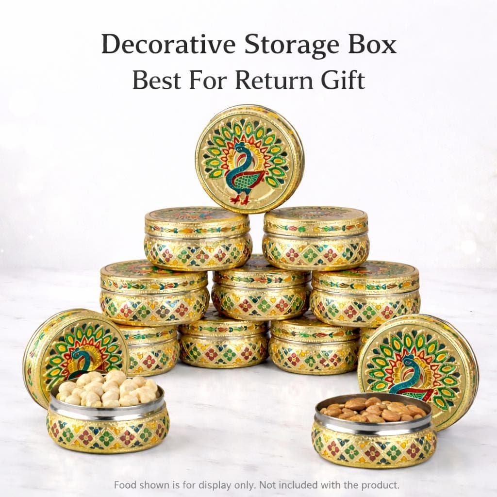 Handicrafted Meenakari Peacock Design Stainless Steel Storage Box (Golden Finish) - image 4