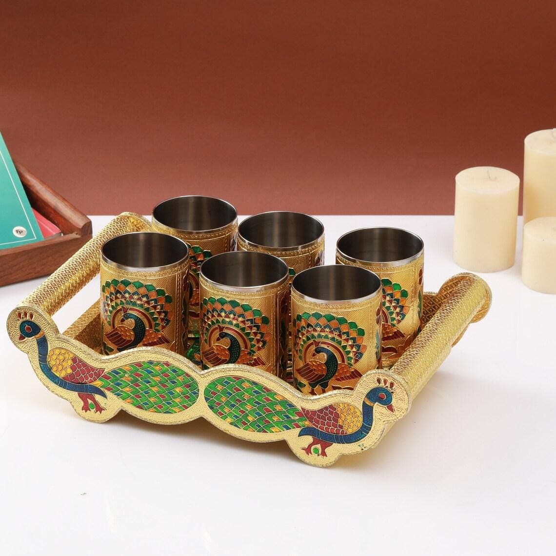 Meenakari Wooden Serving Tray with Peacock Glass: Indian Art Decor - image 5