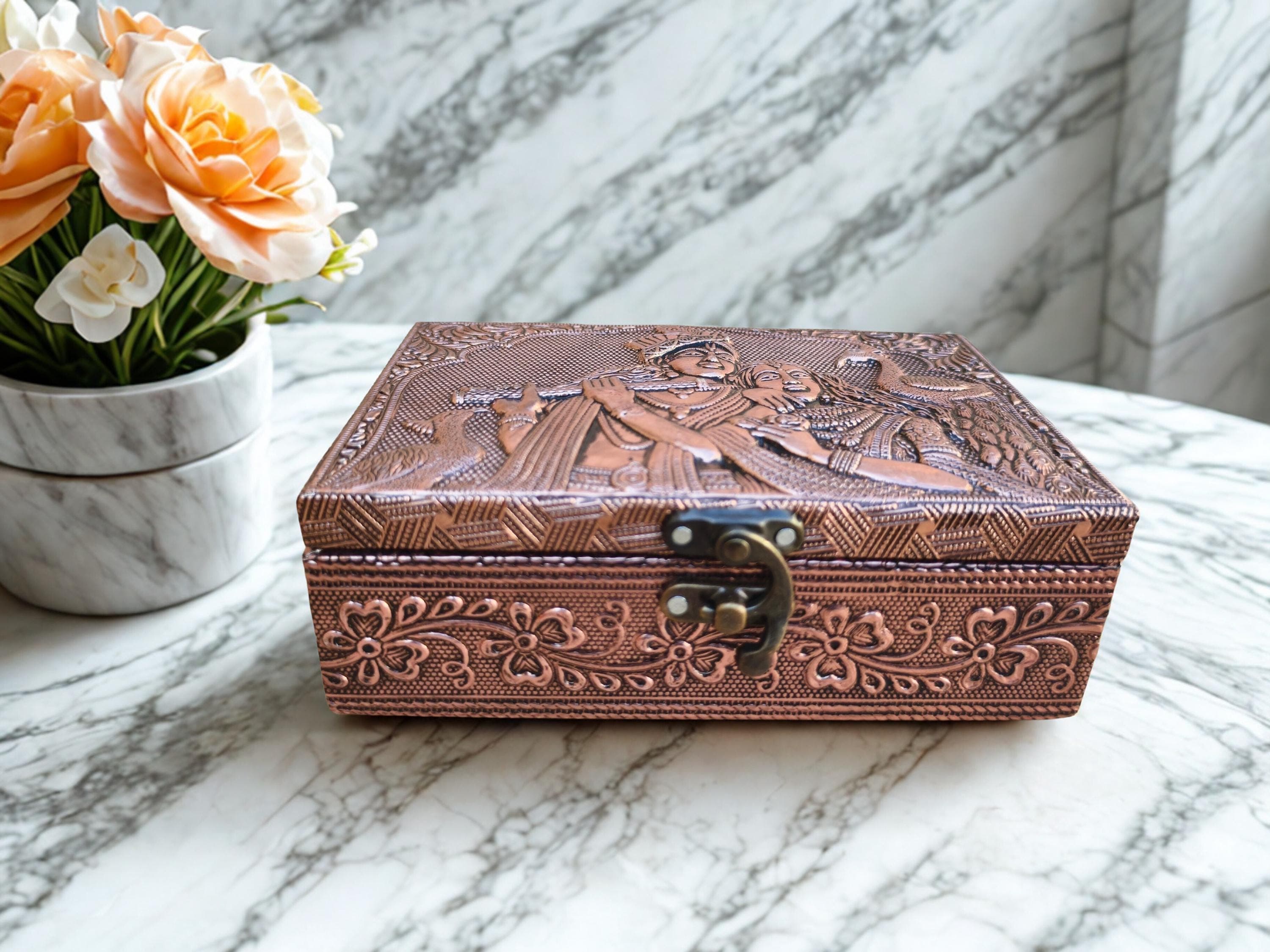 Radha Krishna Design Copper Oxidized Meenakari Jewellery Box | Handmade Oxidized Vanity Storage (6x4)