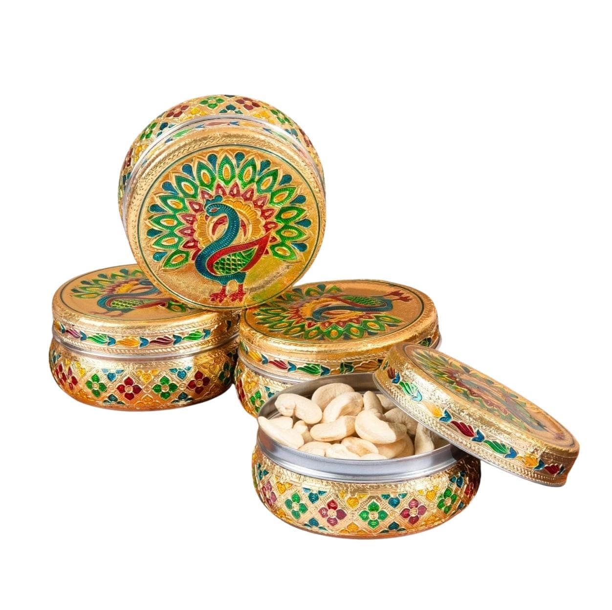Handicrafted Meenakari Peacock Design Stainless Steel Storage Box (Golden Finish) - image 5