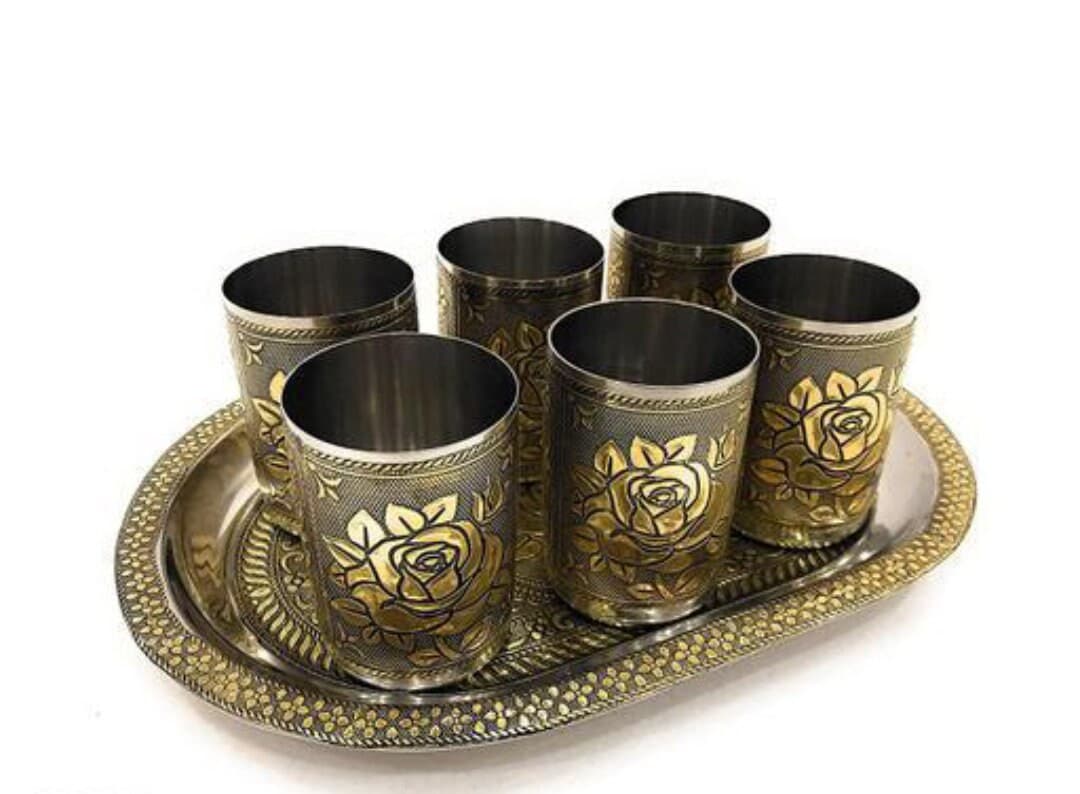 Meenakari Stainless Steel Tray and Glasses, Rose Design Serving Set - image 5