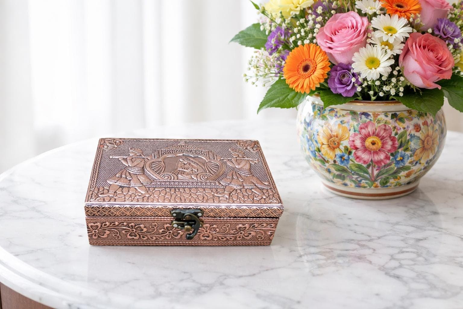 Handmade Oxidized Copper Jewelry Box | Meenakari Design, Vanity Storage