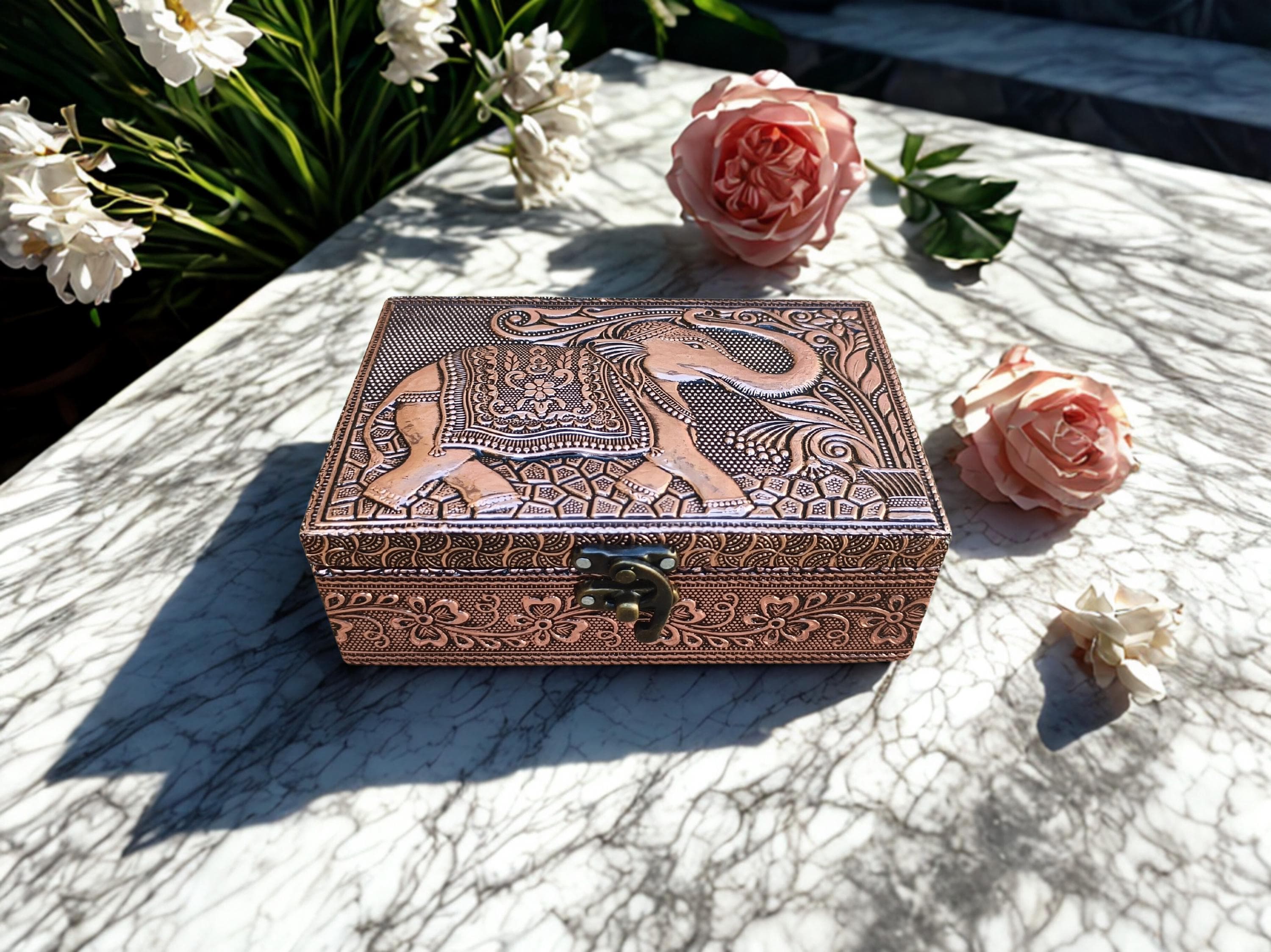 Copper Oxidized Elephant Design Meenakari Jewellery Box | Handmade Oxidized Vanity Storage (6x4) - image 3