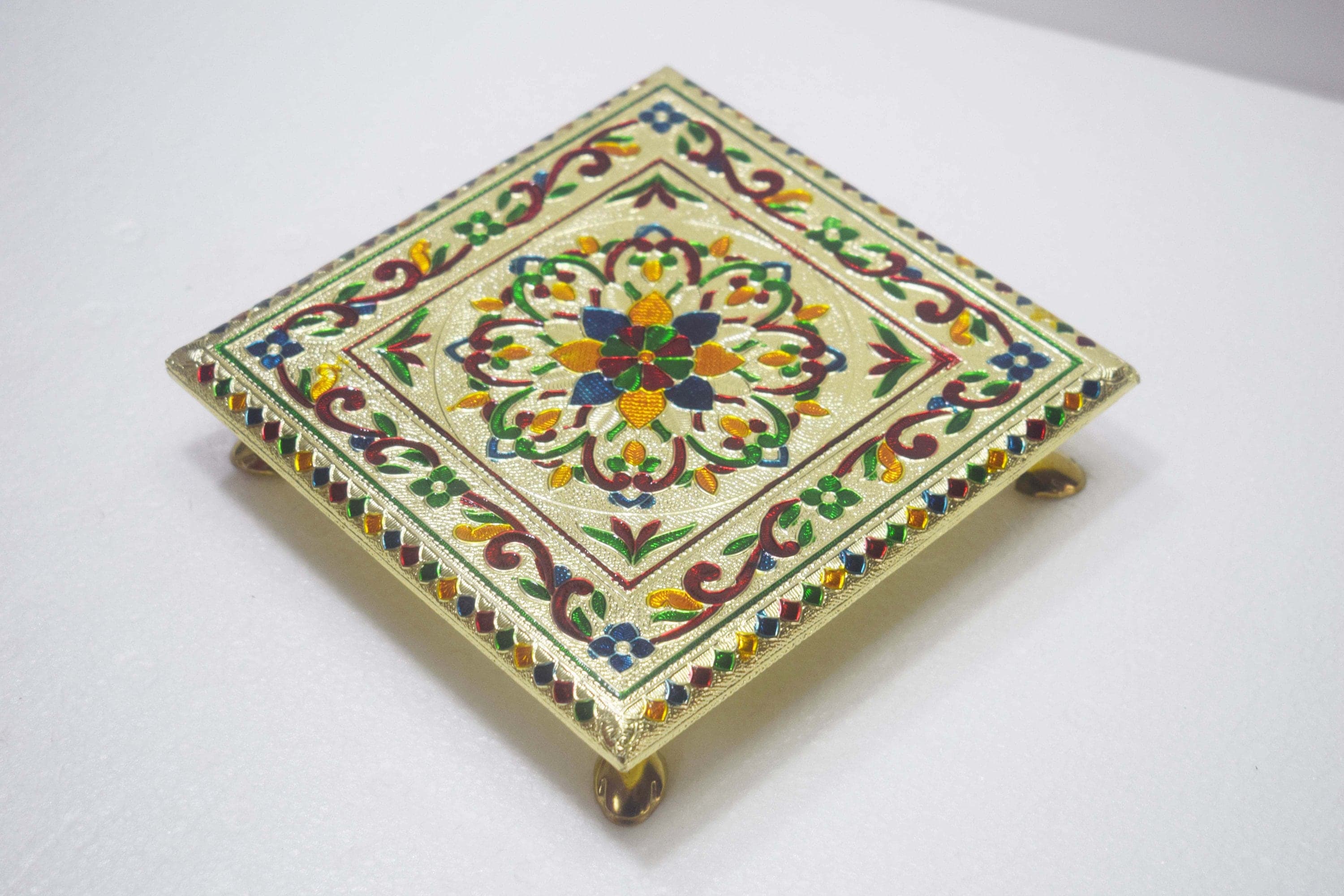 wooden meenakari pooja chowki,
traditional pooja chowki,
handcrafted pooja chowki,
Hindu religious ceremonies,
wooden prayer stand,
carved pooja chowki,
hand-painted pooja chowki,
mandir decoration,
religious home decor,
wooden meenakari chowki