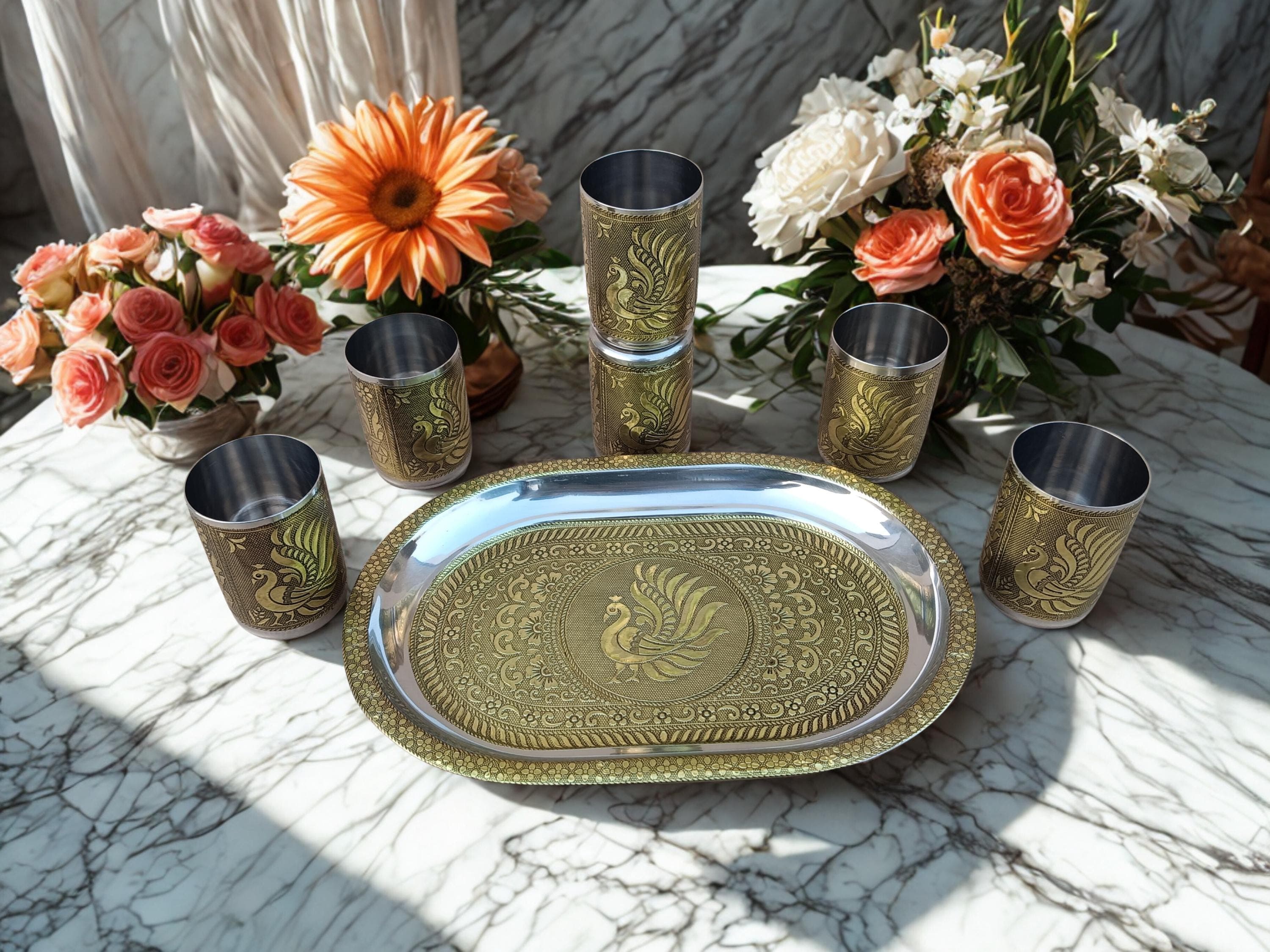 Oxidized Steel Tray with Glasses | Meenakari Serving Set - image 5