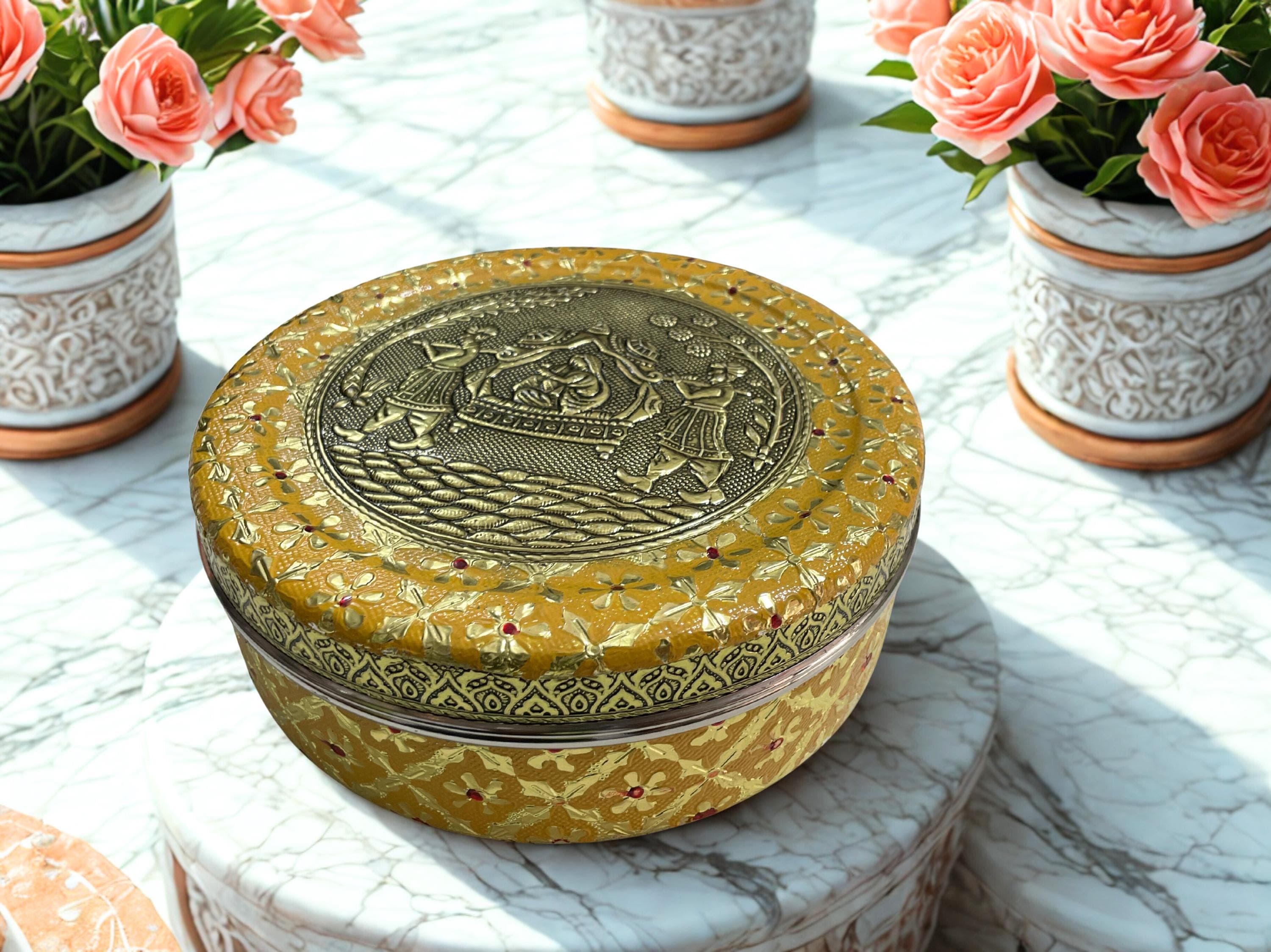 Meenakari Dabba Box: Golden Chapati Container, Indian Wedding Gift