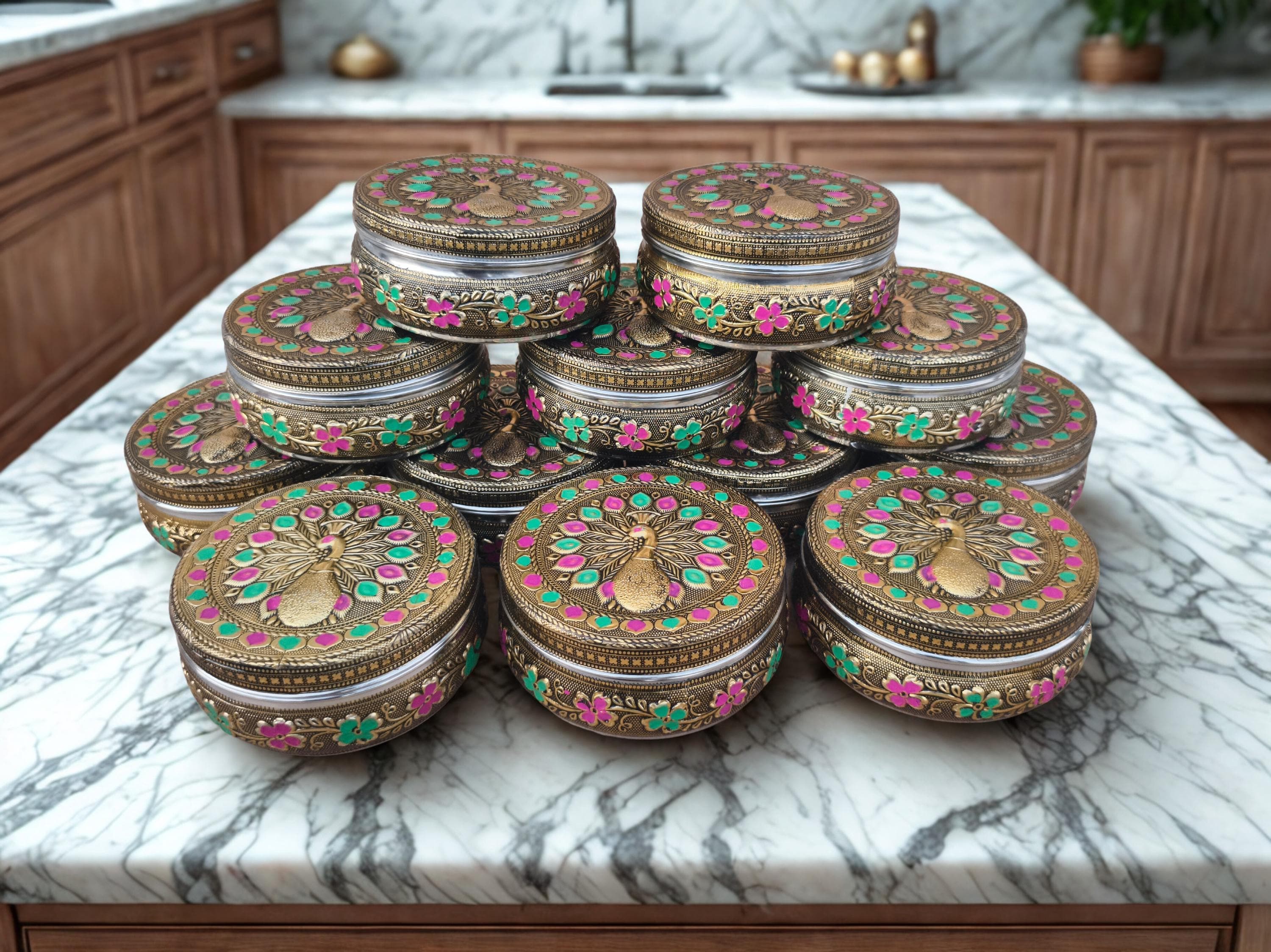 Handcrafted Meenakari Stainless Steel Dabba – Decorative Box, Oxidized Storage Container for Dry Fruits & Chocolates – Wedding Return Gift.