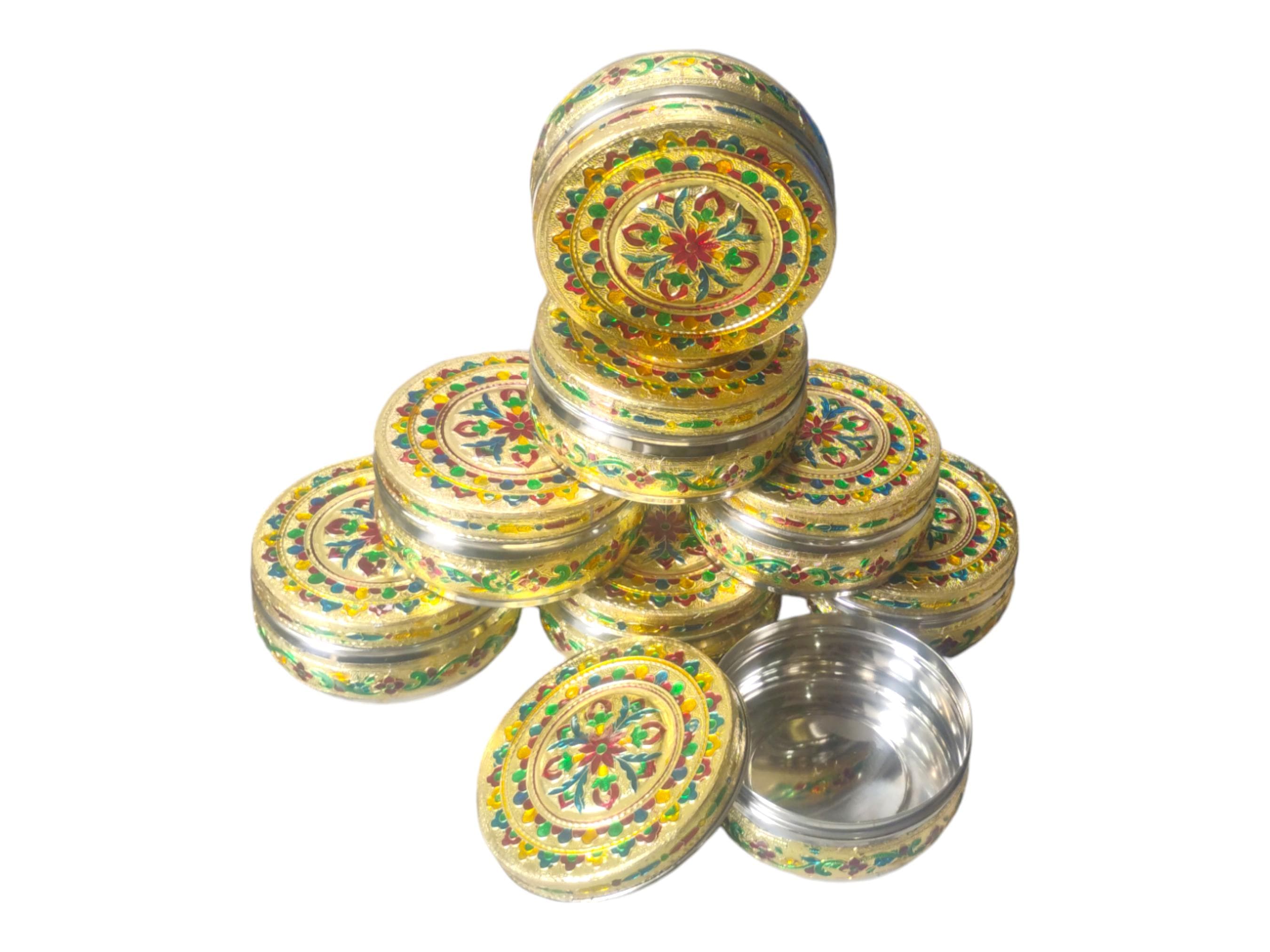 Handmade Meenakari Steel Container: Indian Gift Box, Dry Fruit Storage (500ml)