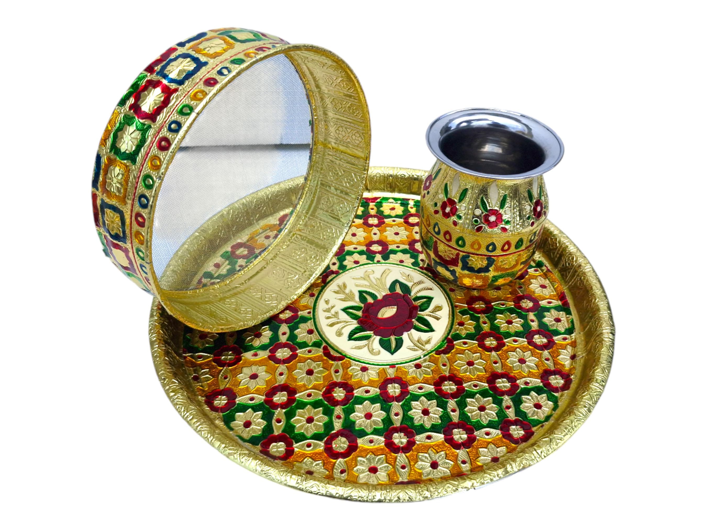 Handcrafted Meenakari Karwa Chauth Thali Set – Stainless Steel Pooja Gift - image 4