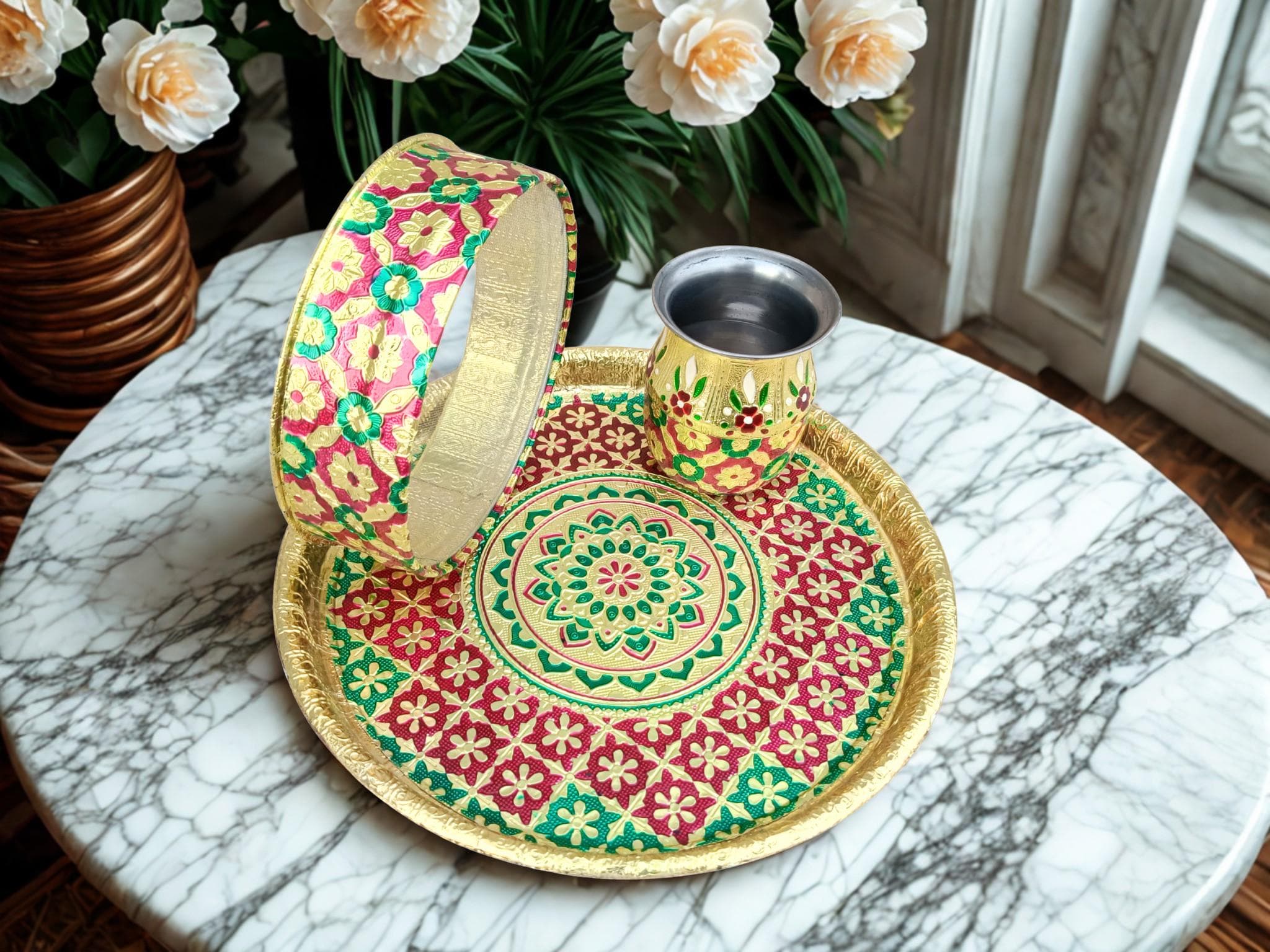 Handcrafted Meenakari Karwa Chauth Thali Set – Indian Pooja Gift
