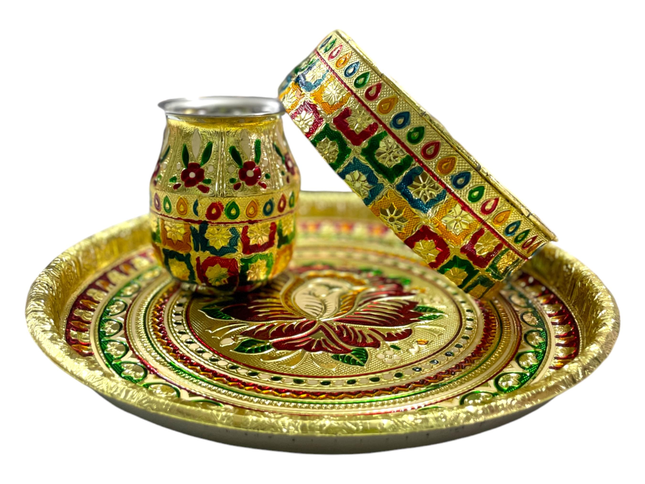 Handcrafted Meenakari Karwa Chauth Thali Set – Stainless Steel Pooja Gift - image 5