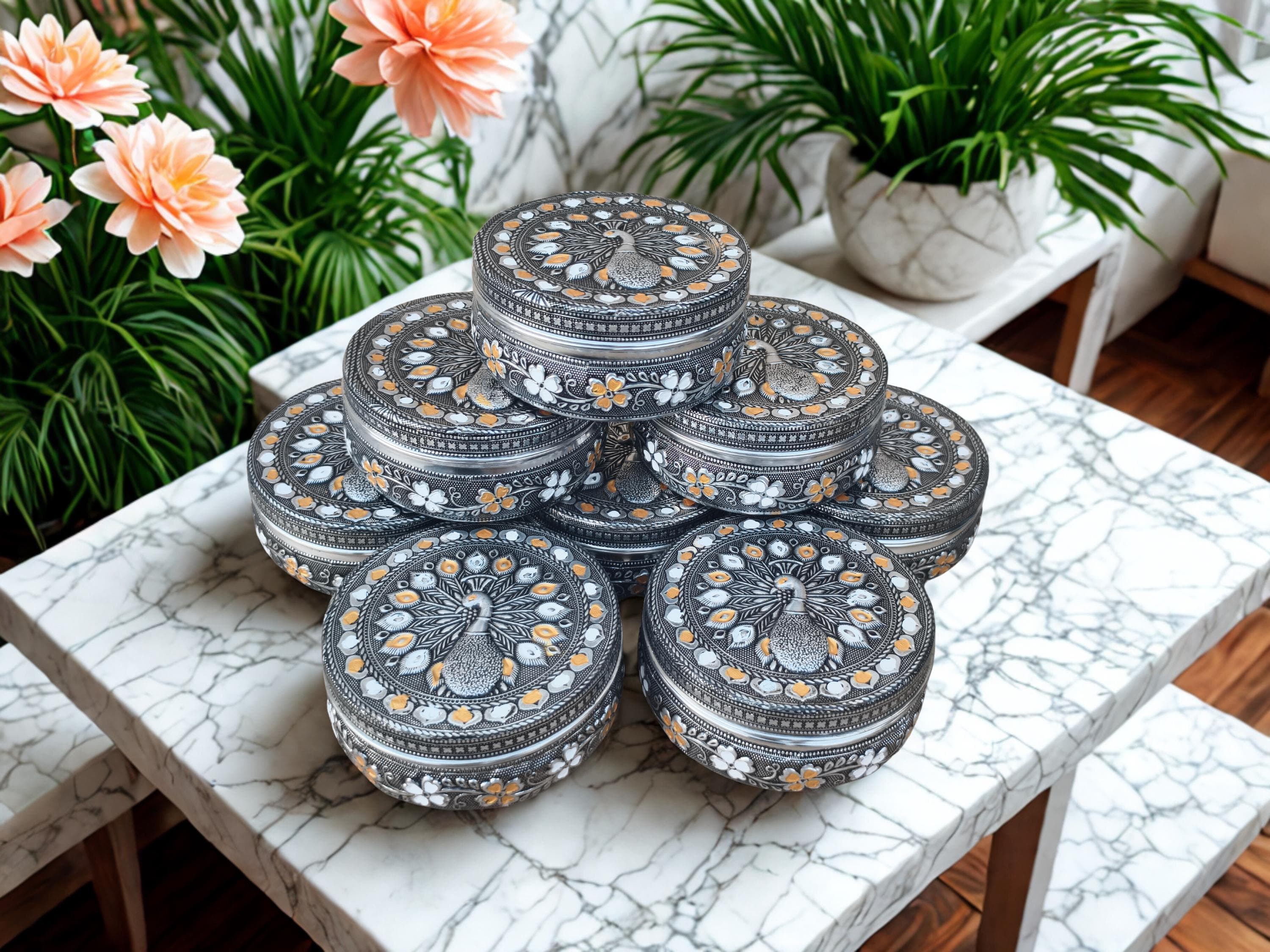 Handcrafted Meenakari Stainless Steel Dabba – Decorative Box, Oxidized Storage Container for Dry Fruits & Chocolates – Wedding Return Gift.