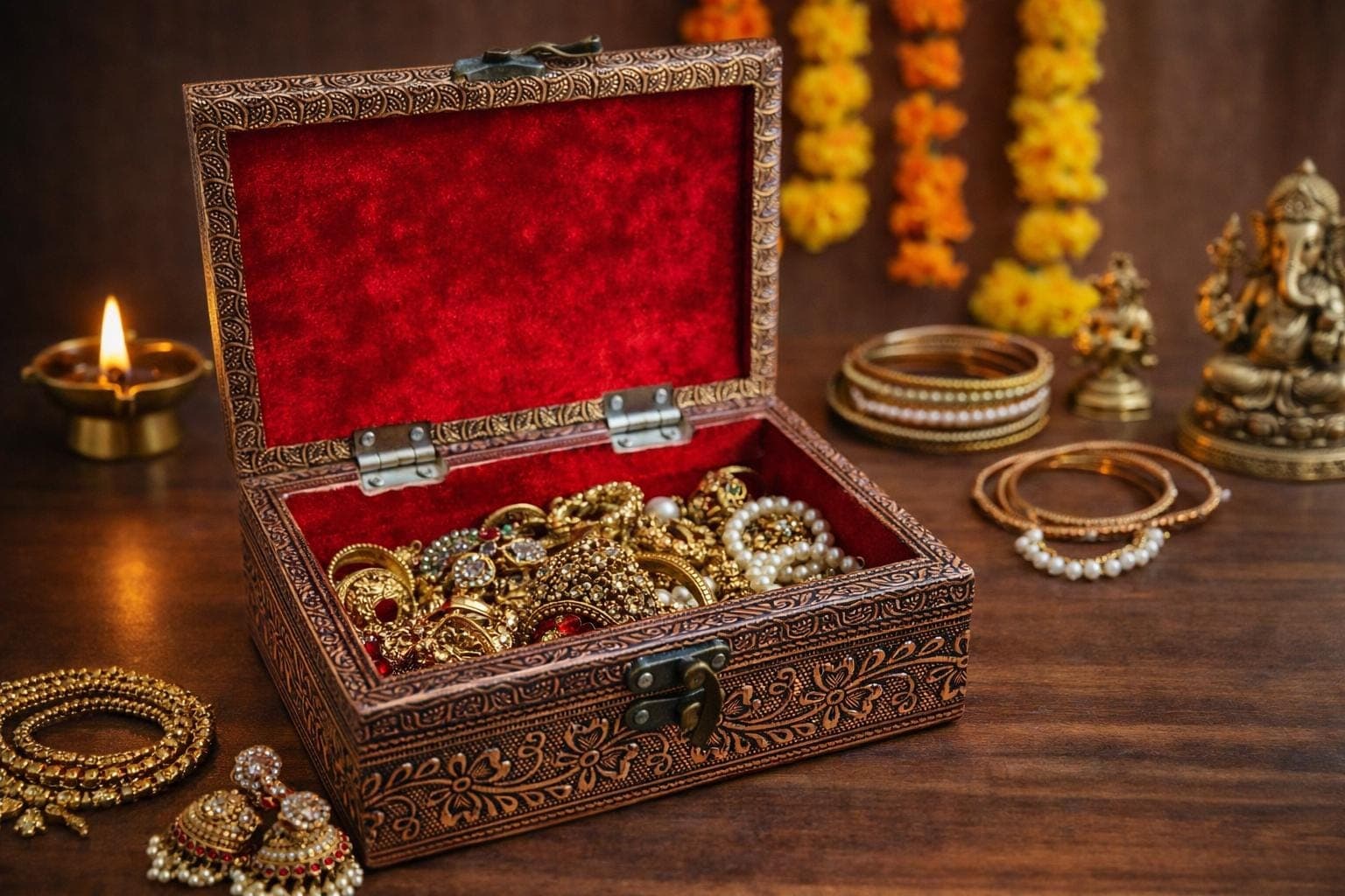 Ganesh Laxmiji Design Copper Oxidized Meenakari Jewellery Box | Handmade Oxidized Vanity Storage (6x4) - image 4