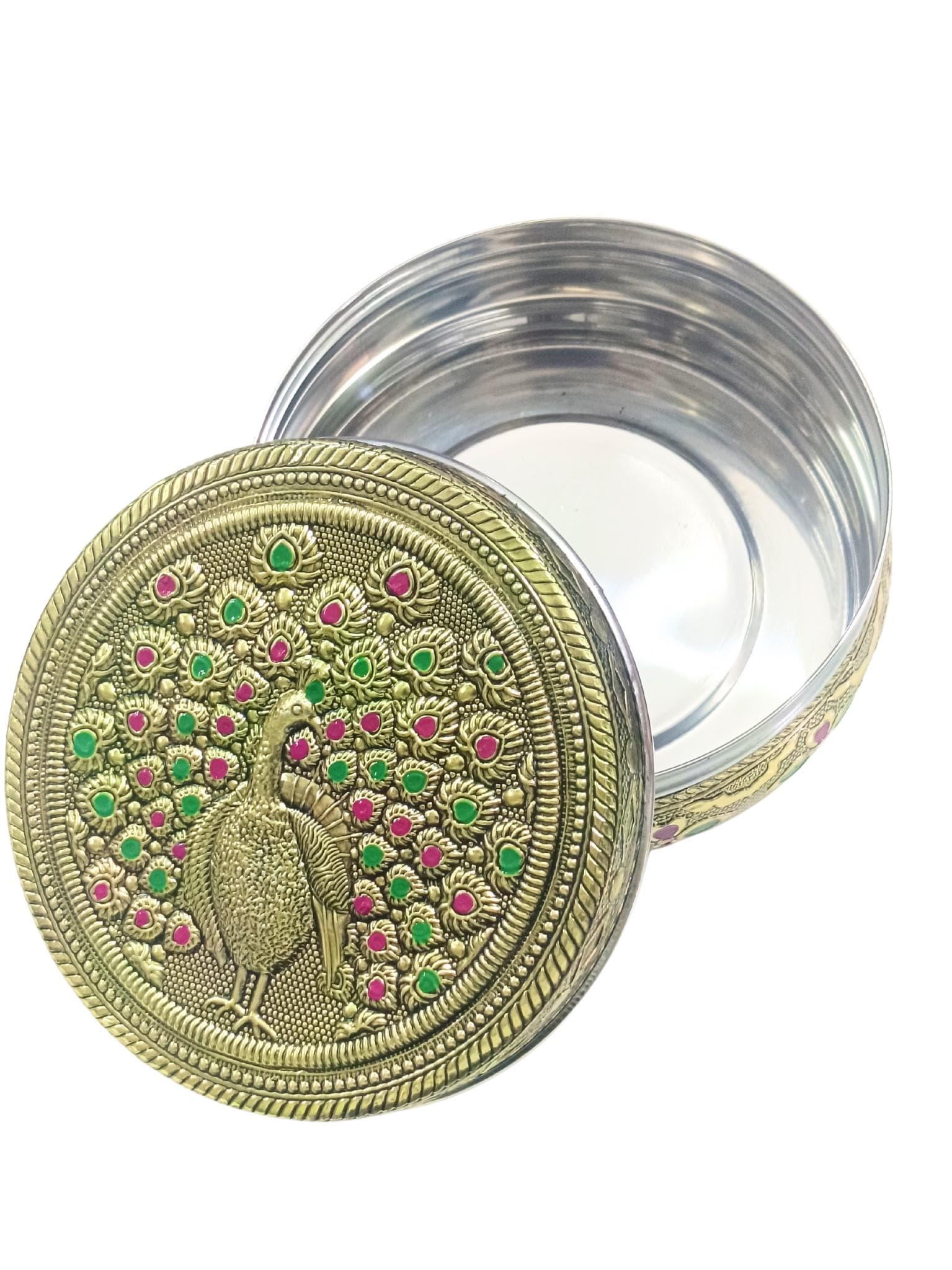Meenakari Peacock Design Stainless Steel Container: Oxidized Chapati Roti Box - image 5