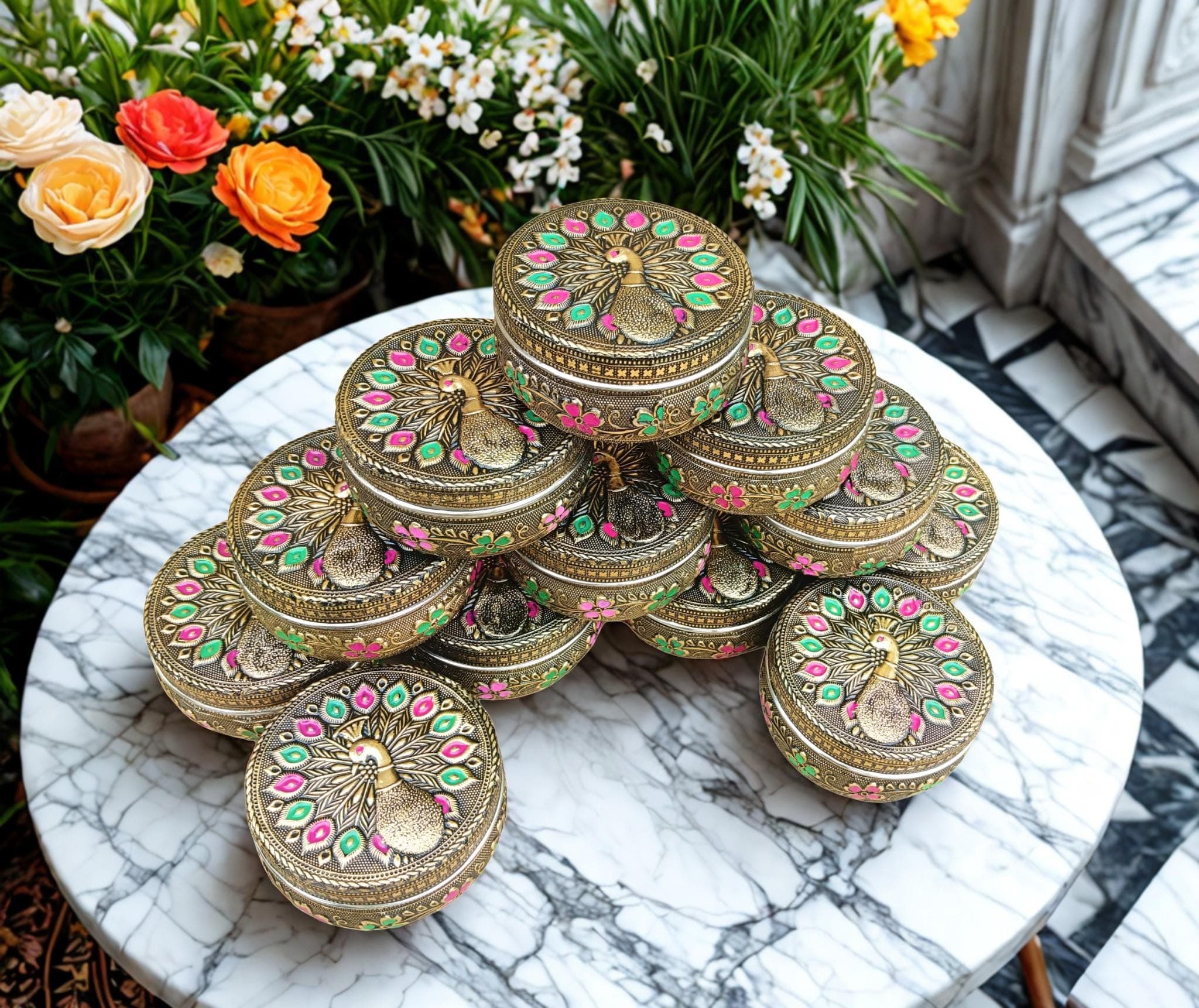 Handcrafted Meenakari Stainless Steel Dabba – Decorative Box, Oxidized Storage Container for Dry Fruits & Chocolates – Wedding Return Gift.