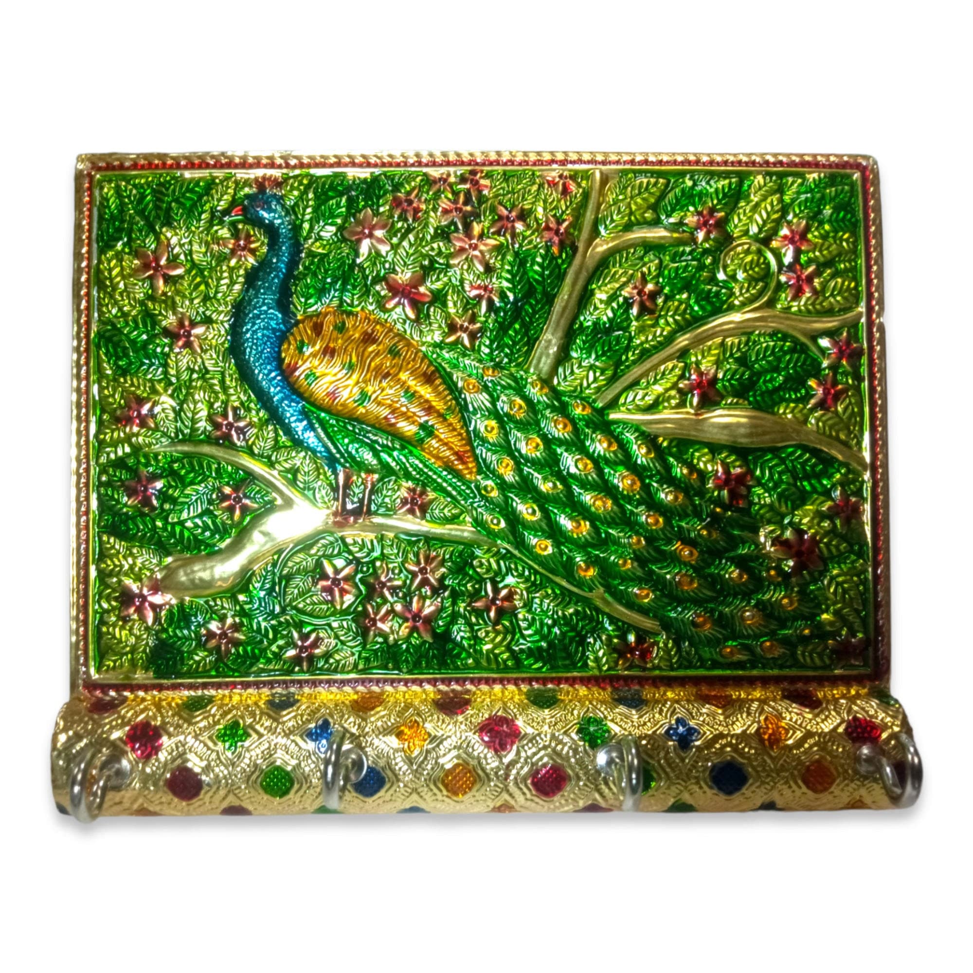 Handmade Meenakari Peacock Key Hanger, Wooden Decorative Key Stand