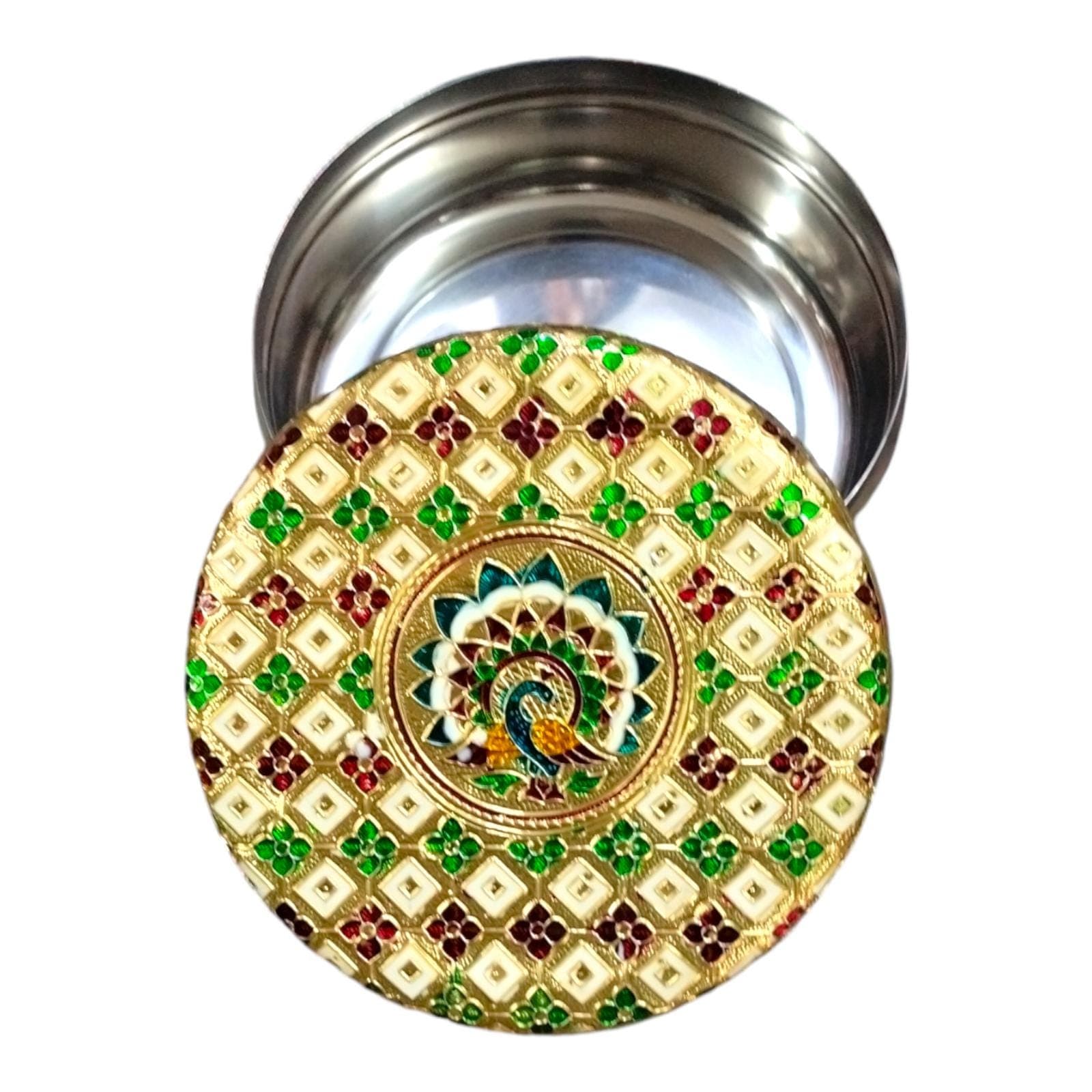 Meenakari Peacock Container, Round Dabba Box, Indian Wedding Gift - image 5