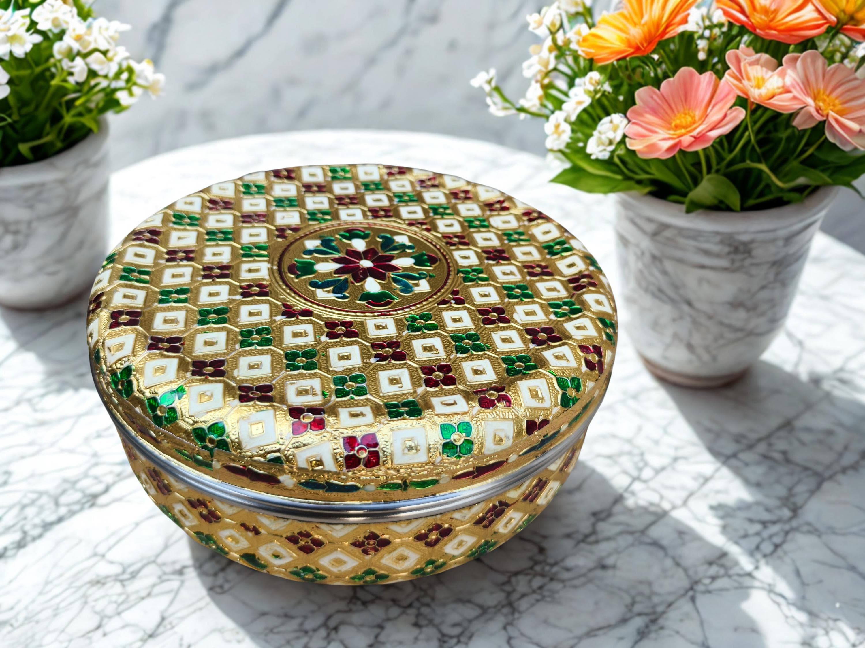 Meenakari Oxidized Flower Design Dabba - Handcrafted Stainless Steel Decorative Storage Box (Big)
