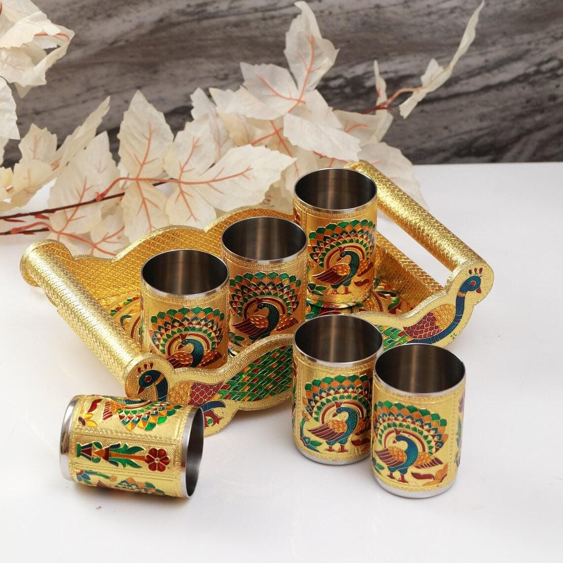Meenakari Wooden Serving Tray with Peacock Glass: Indian Art Decor - image 4