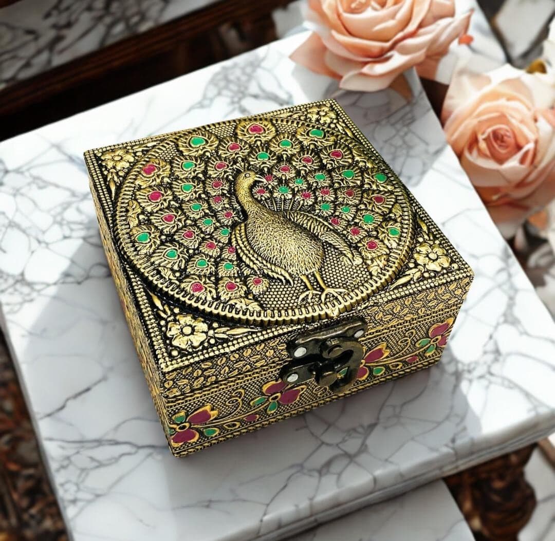 Meenakari Jewelry Box | Handmade Oxidized Vanity Storage, 4x4