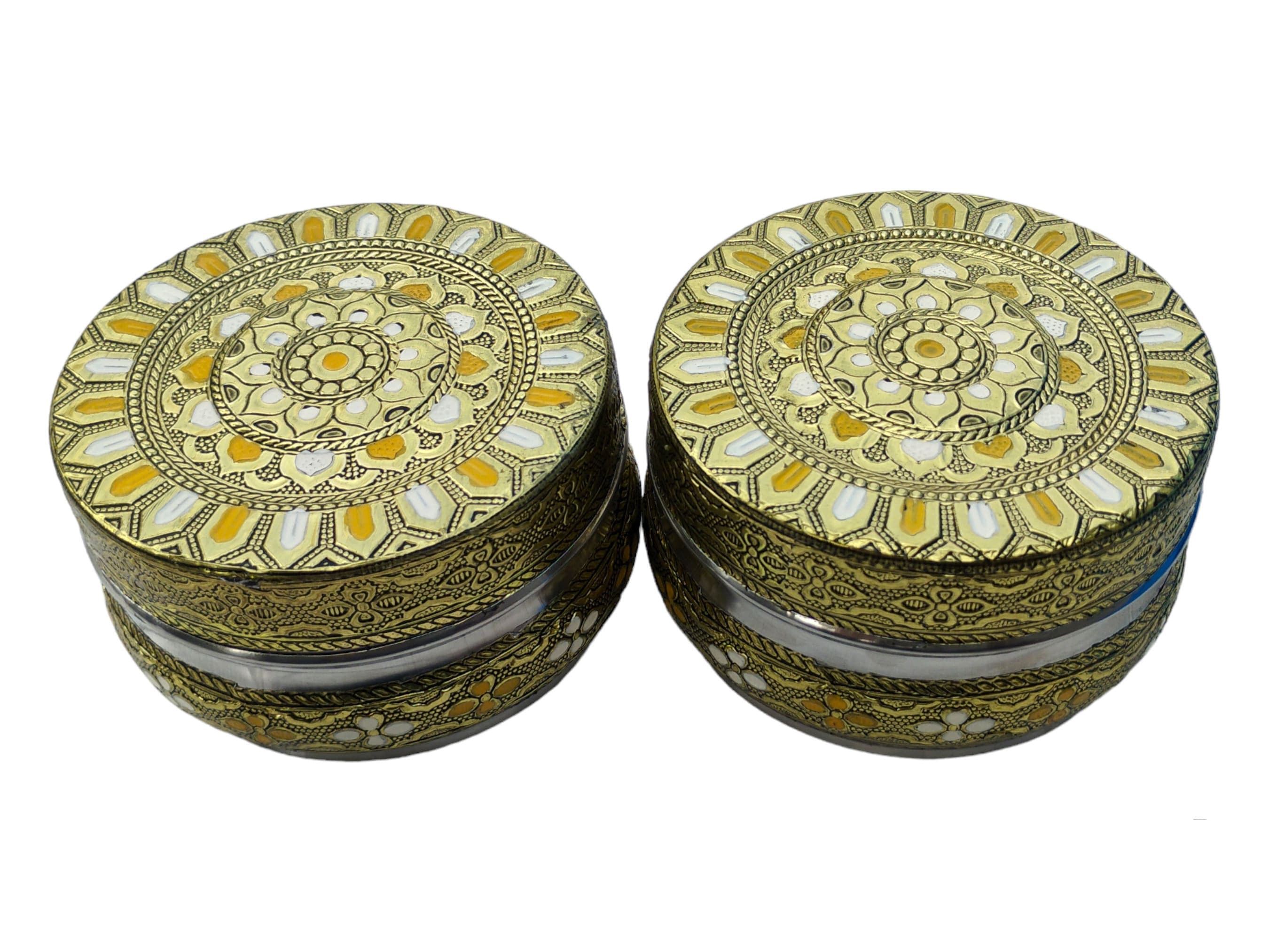 Meenakari Stainless Steel Dabba Container, Oxidized Decorative Box (2 Pcs)