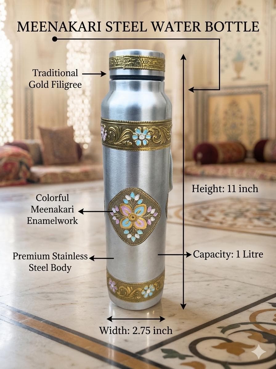 Handcrafted Meenakari Stainless Steel Water Bottle – 1000ml Oxidised Enamel Work - image 3