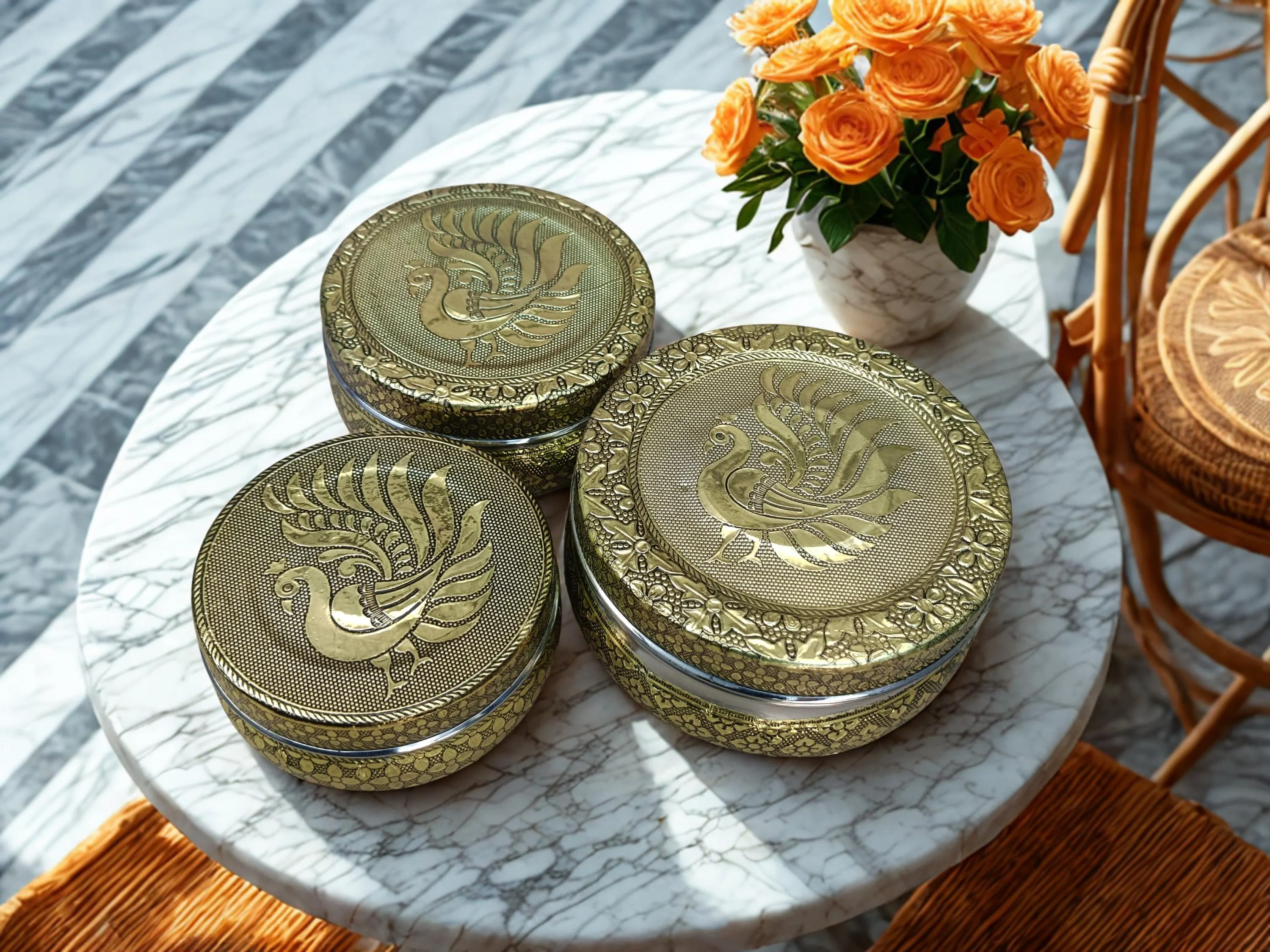 Meenakari Peacock Design Steel Containers, Indian Art, Set of 3 - image 4