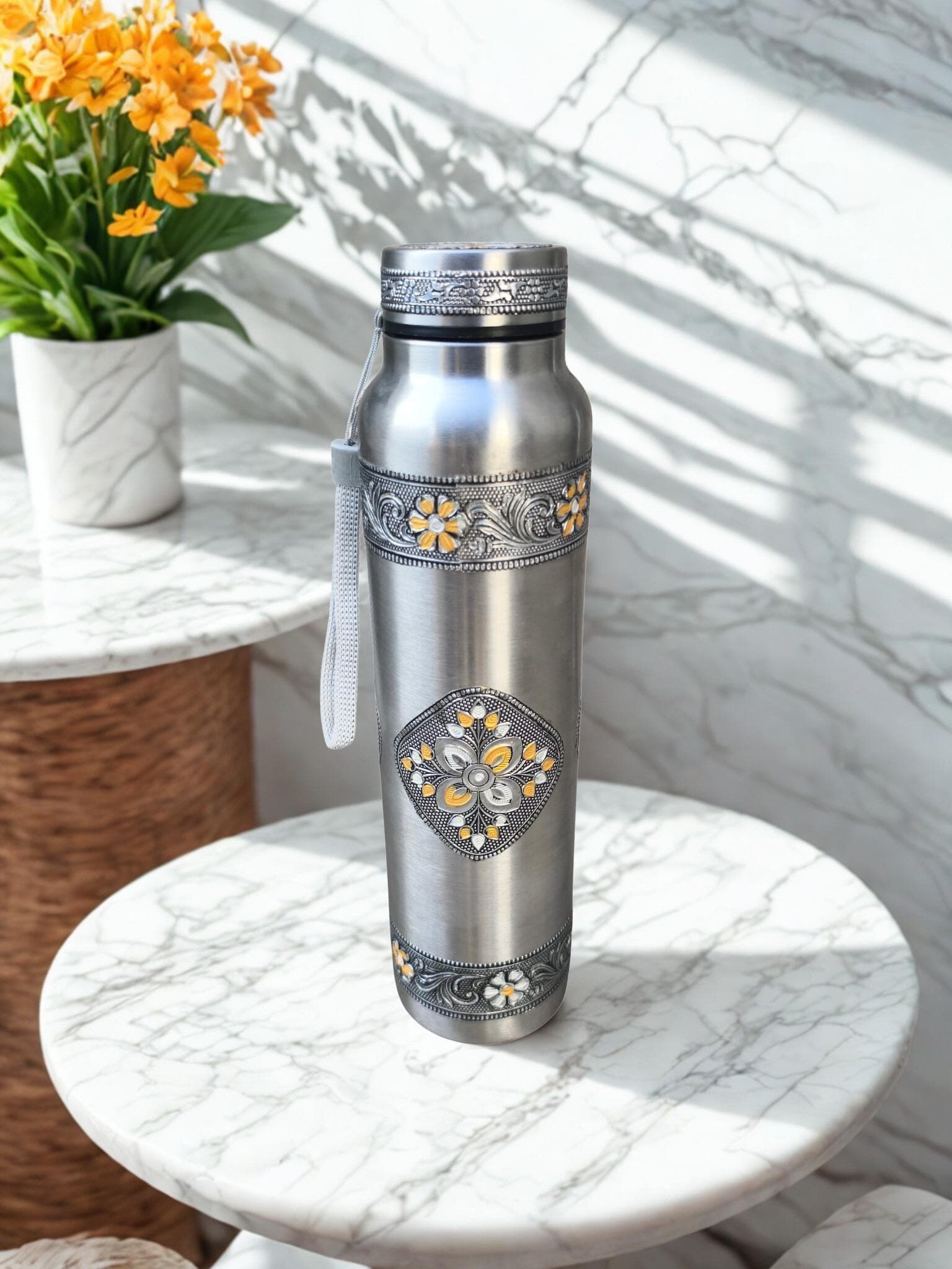 Handcrafted Meenakari Stainless Steel Water Bottle | Oxidized Finish, 1000ml