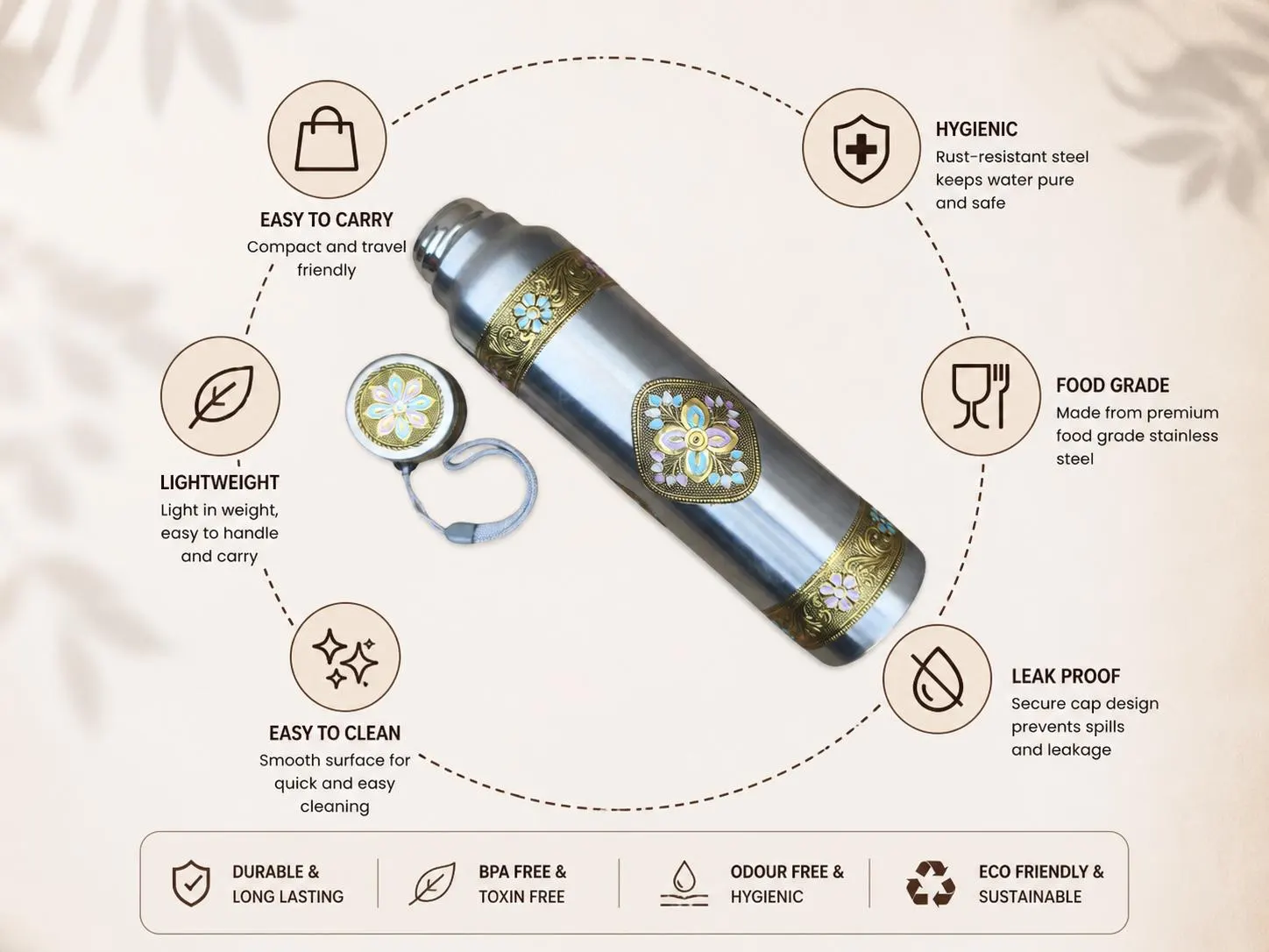 Handcrafted Meenakari Stainless Steel Water Bottle – 1000ml Oxidised Enamel Work - image 4