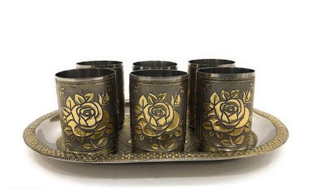 Meenakari Stainless Steel Tray and Glasses, Rose Design Serving Set - image 3