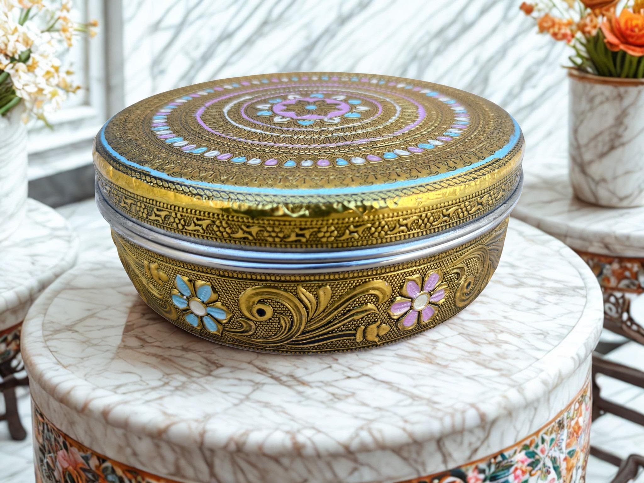 Meenakari  Steel Storage Box | Chapati, Dry Fruit Box, Mithai & Namkeen Container | Decorative Return Gift For Marriage, Diwali, Wedding. - image 3