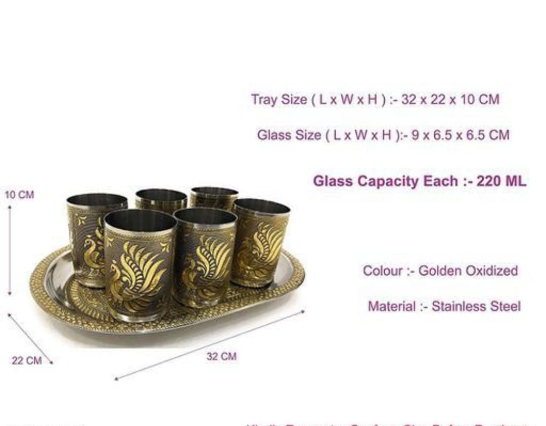 Meenakari Stainless Steel Tray and Glasses, Rose Design Serving Set - image 4