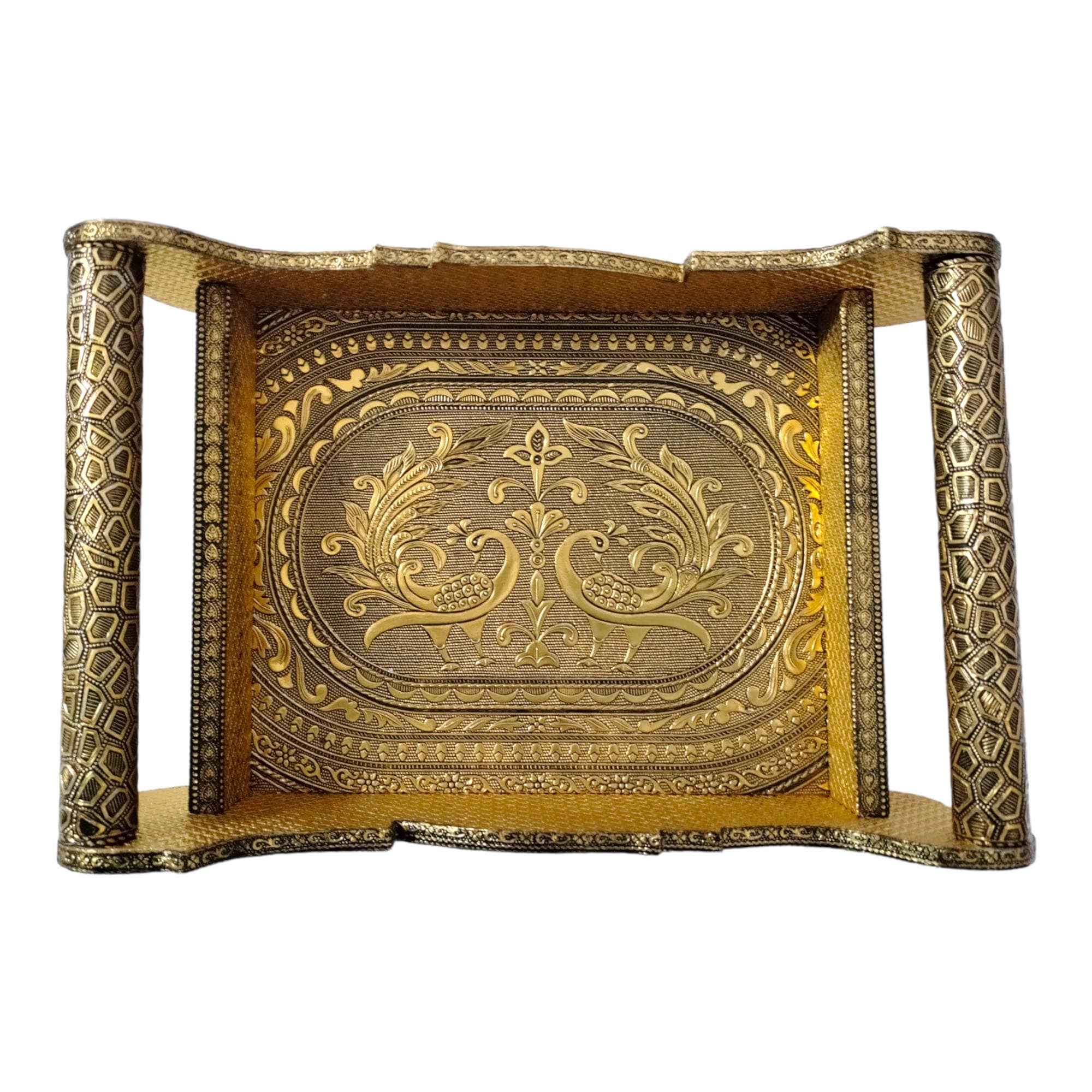 Meenakari Worked Peacock Design Serving Tray With 6 Pcs - Stainless Steel Glass Set Set.

Wooden meenakari peacock design tray,
Handcrafted meenakari tray,
Traditional Indian tray,
serving tray,
meenakari kitchenware,
wooden serving tray
hostess gift