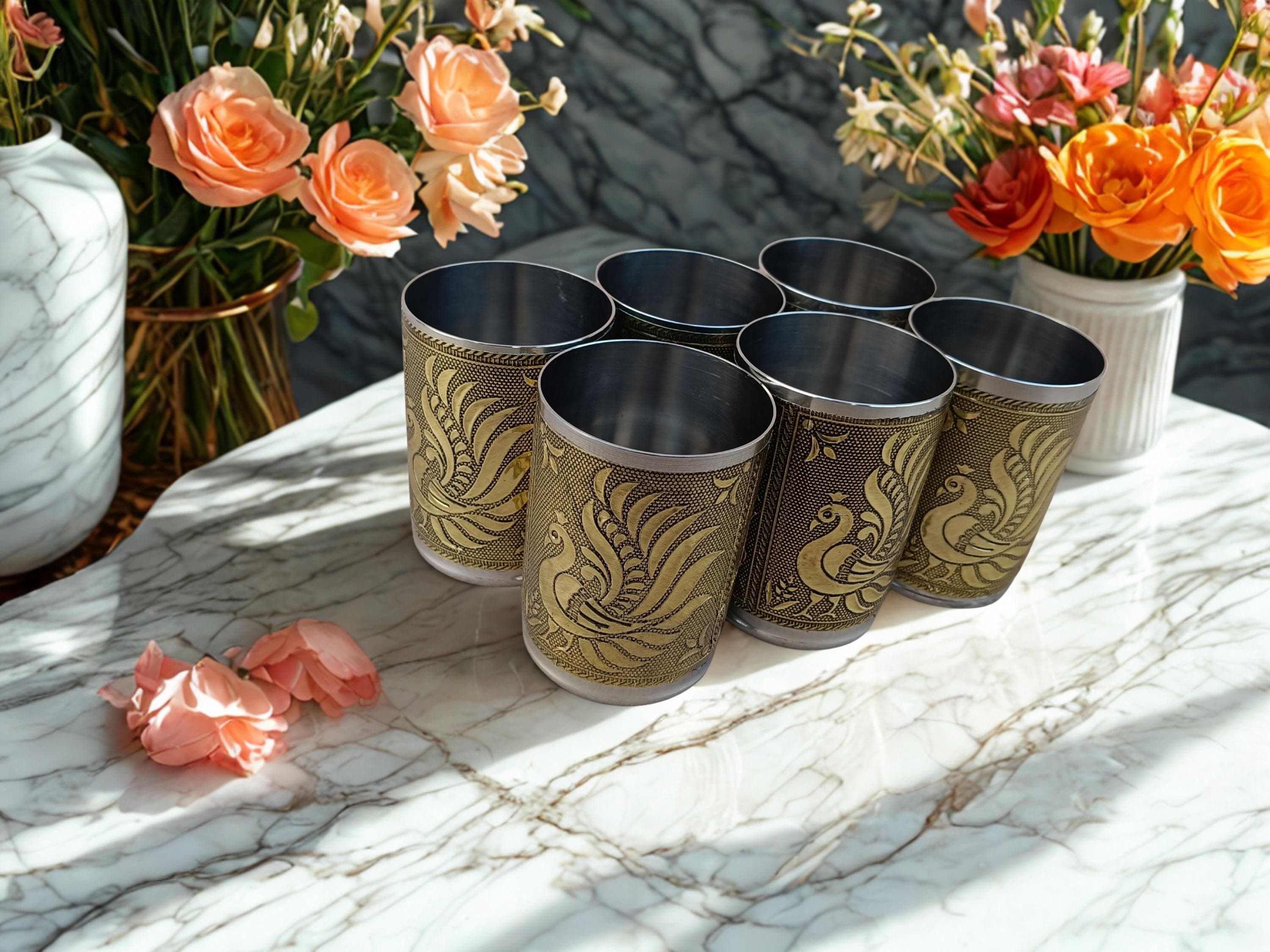 Oxidized Steel Tray with Glasses | Meenakari Serving Set - image 4