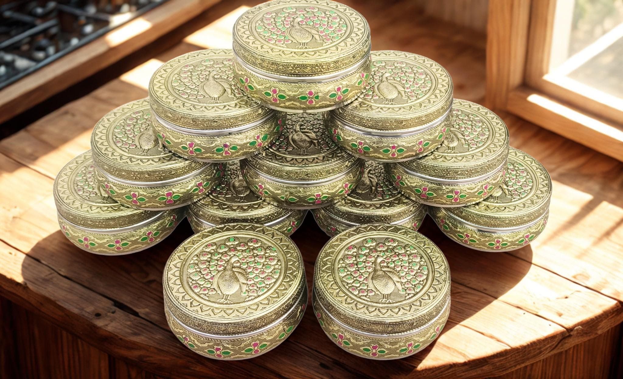 Meenakari Peacock Design Steel Container: Indian Gift Box (500ml)