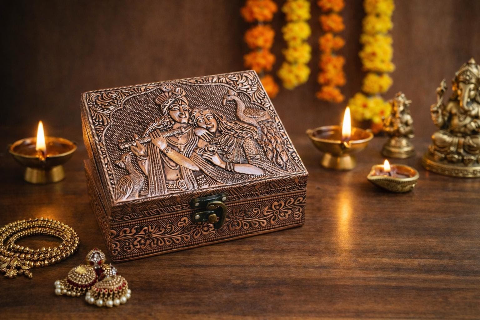 Radha Krishna Design Copper Oxidized Meenakari Jewellery Box | Handmade Oxidized Vanity Storage (6x4) - image 4
