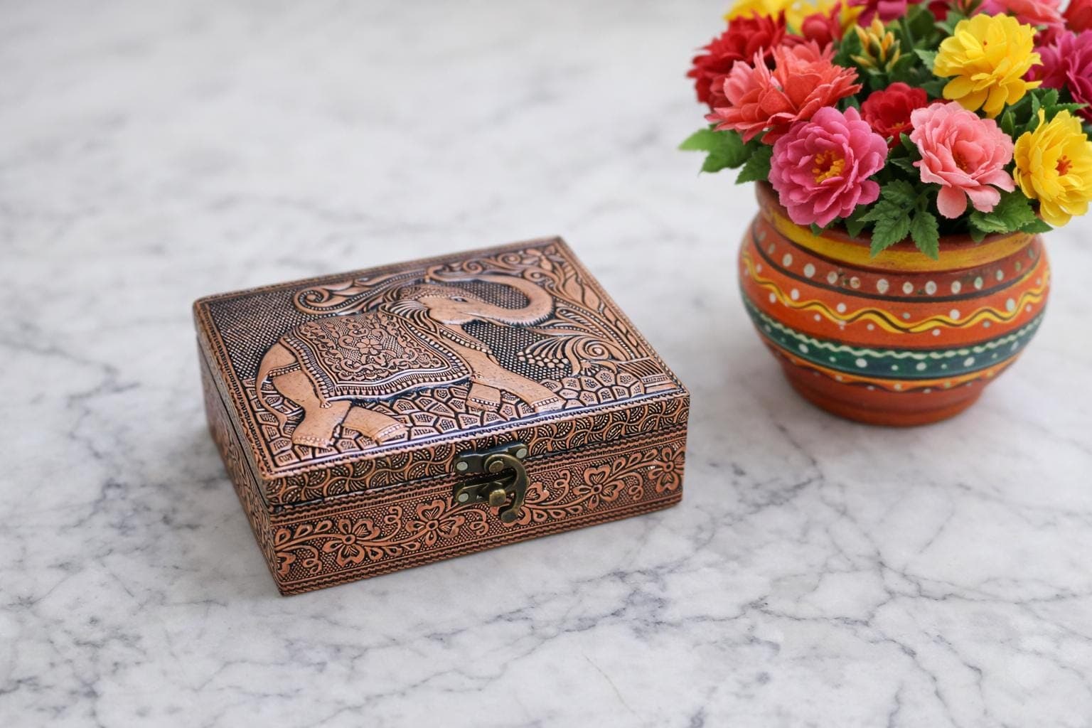 Copper Oxidized Elephant Design Meenakari Jewellery Box | Handmade Oxidized Vanity Storage (6x4)