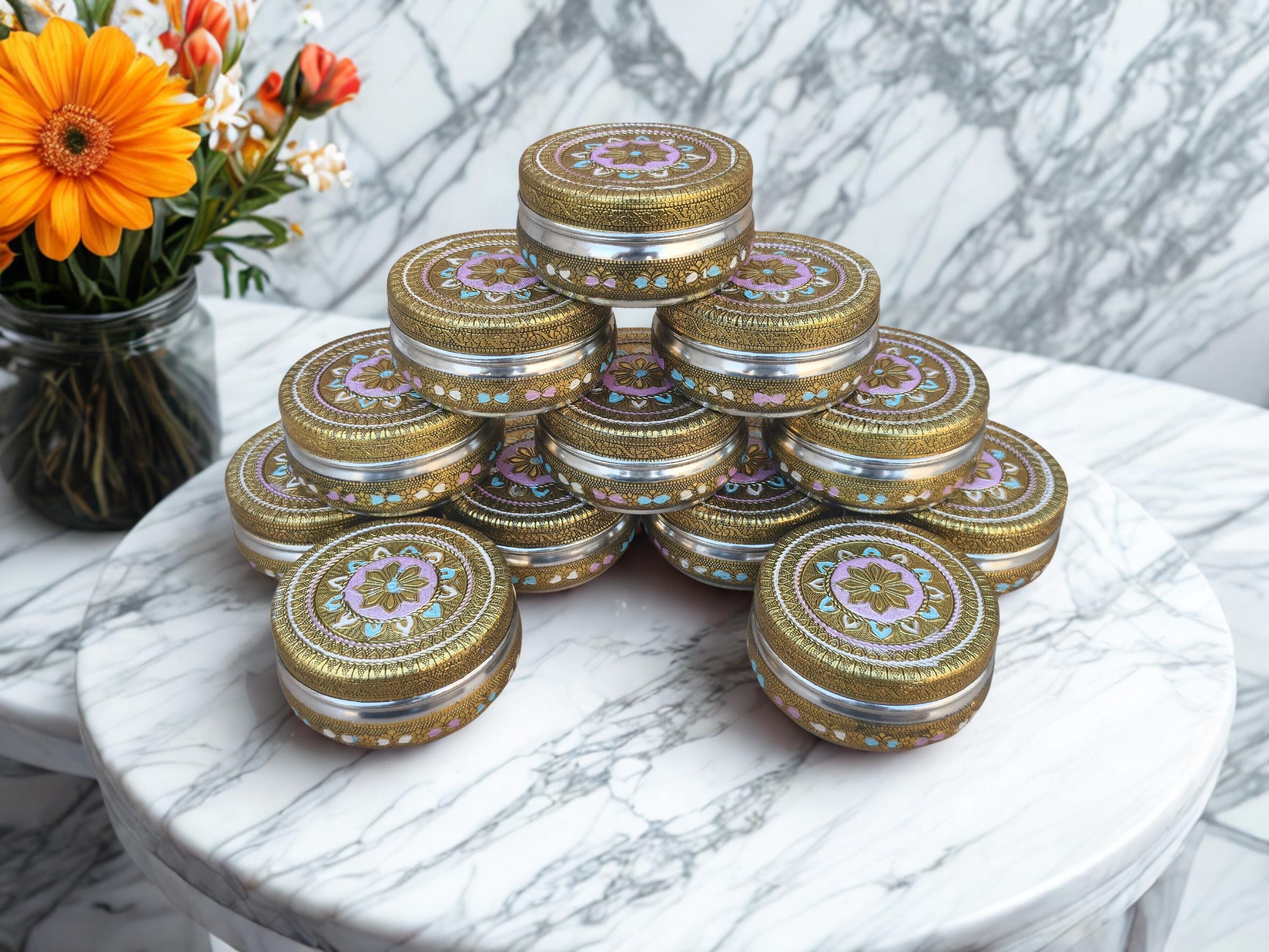 Handcrafted Meenakari Stainless Steel Dabba – Decorative Storage Container, Dryfruit, Chocolate, Gift, Home Decor - image 4