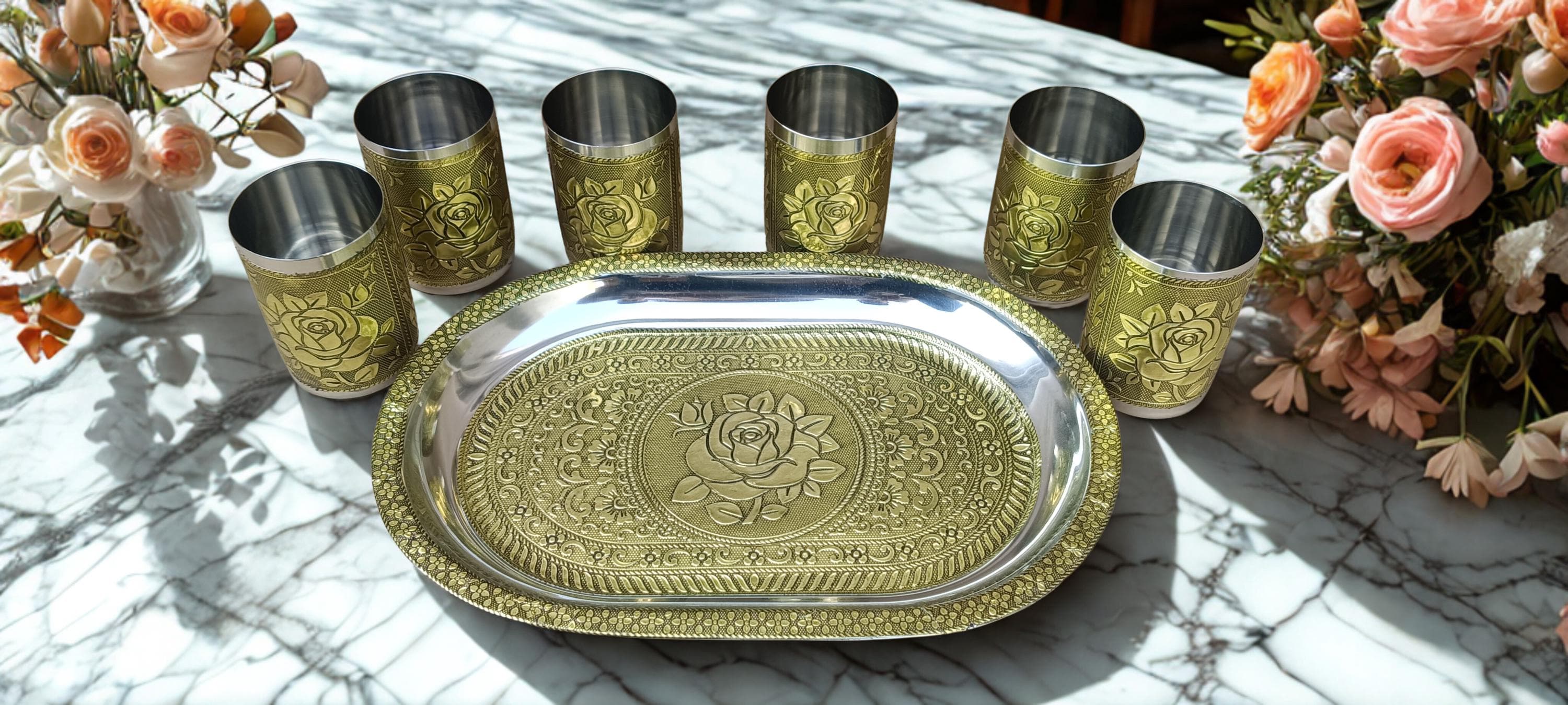 Oxidized Steel Tray and Glass Set | Meenakari Serving Drinkware