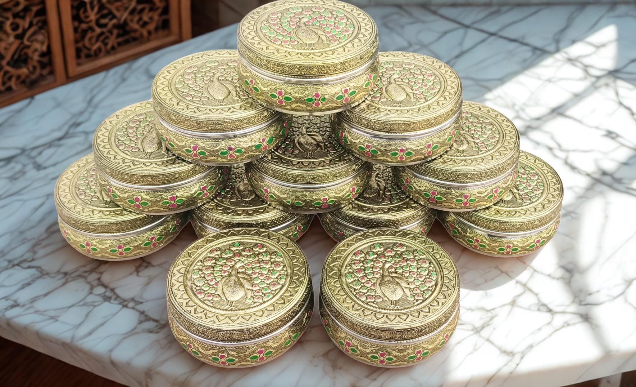 Meenakari Peacock Design Steel Container: Indian Gift Box (500ml) - image 3